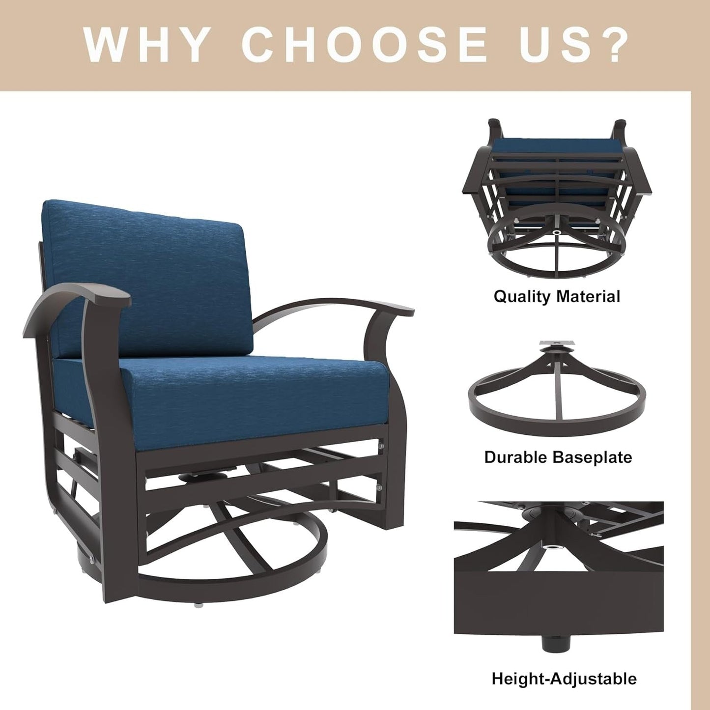 Ensemble de 3 chaises pivotantes à bascule en aluminium Kullavik avec plateau en verre et 5 coussins épais