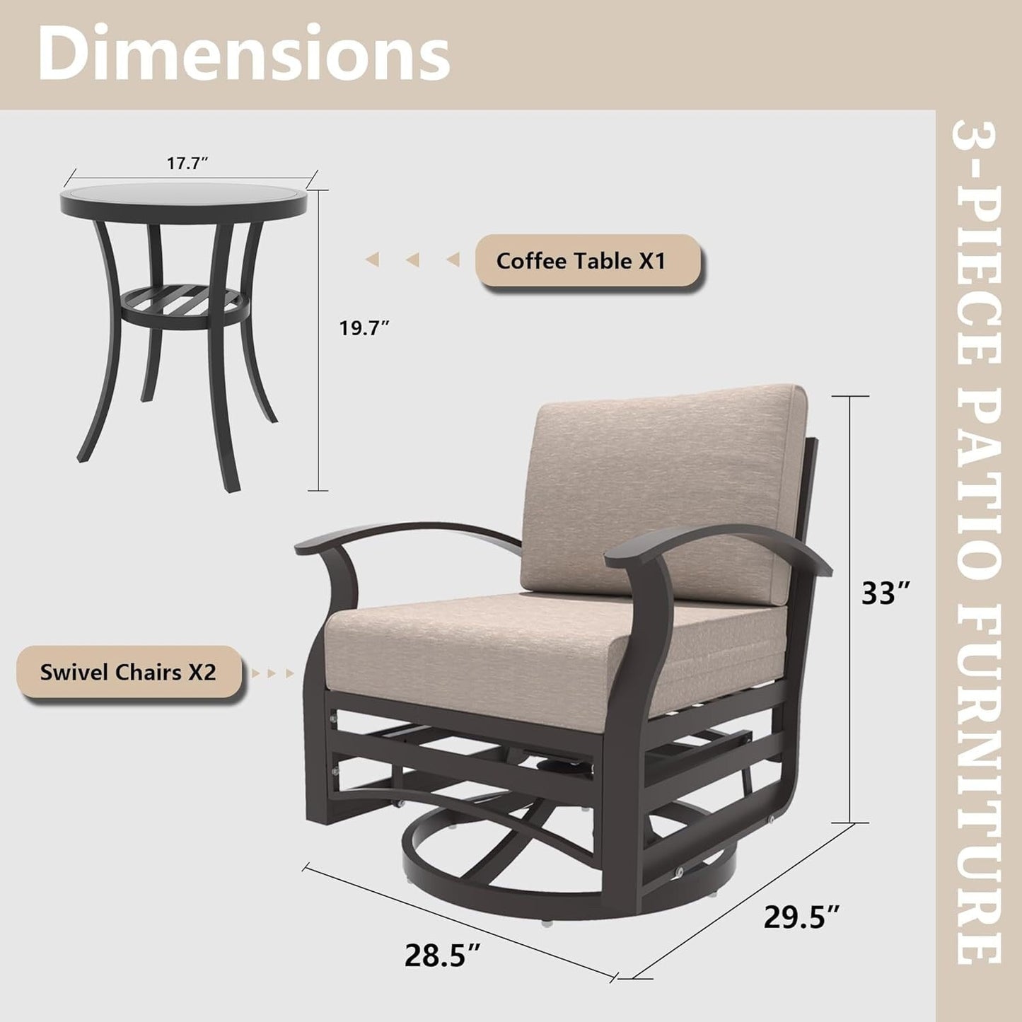 Ensemble de 3 chaises pivotantes à bascule en aluminium Kullavik avec plateau en verre et 5 coussins épais