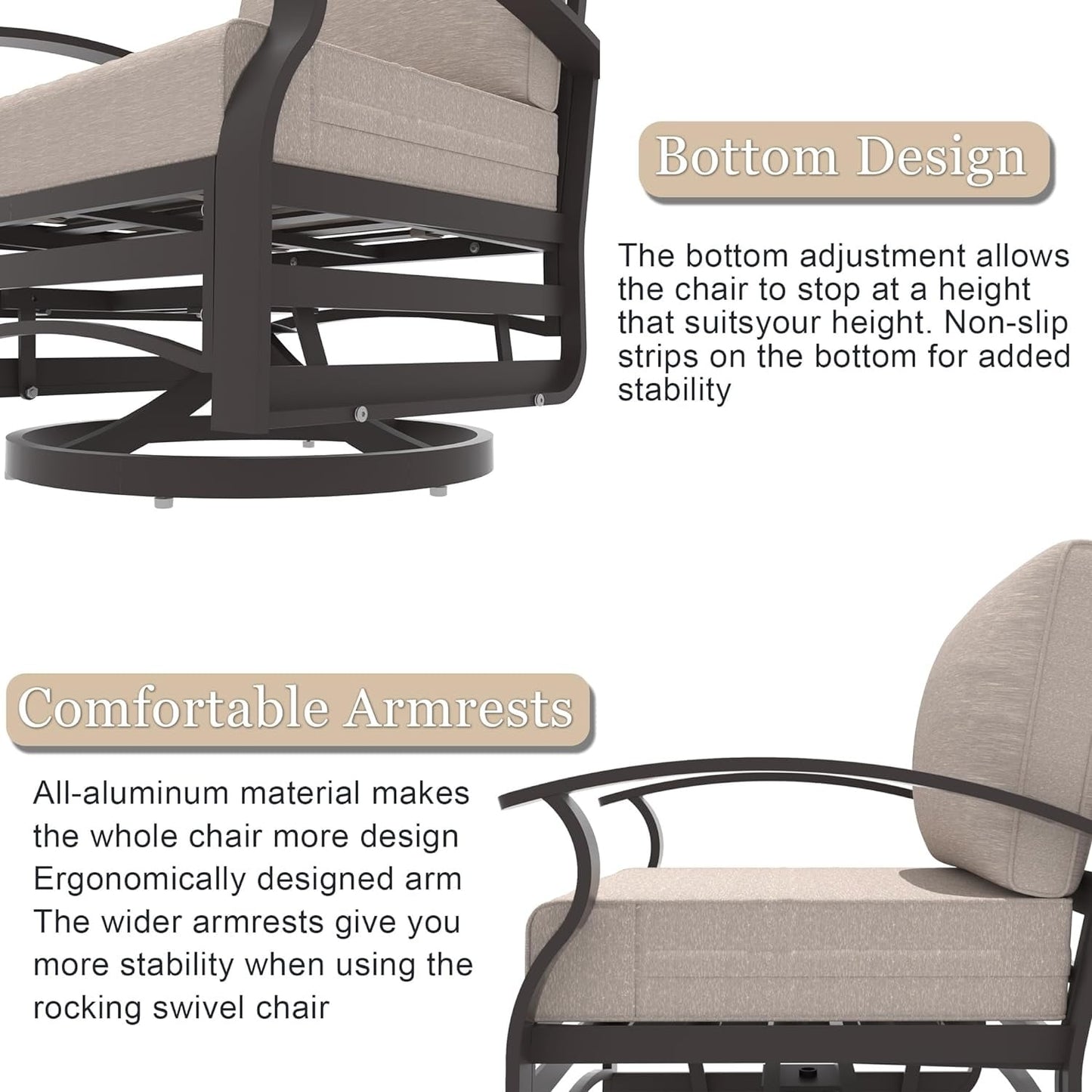 Ensemble de 3 chaises pivotantes à bascule en aluminium Kullavik avec plateau en verre et 5 coussins épais