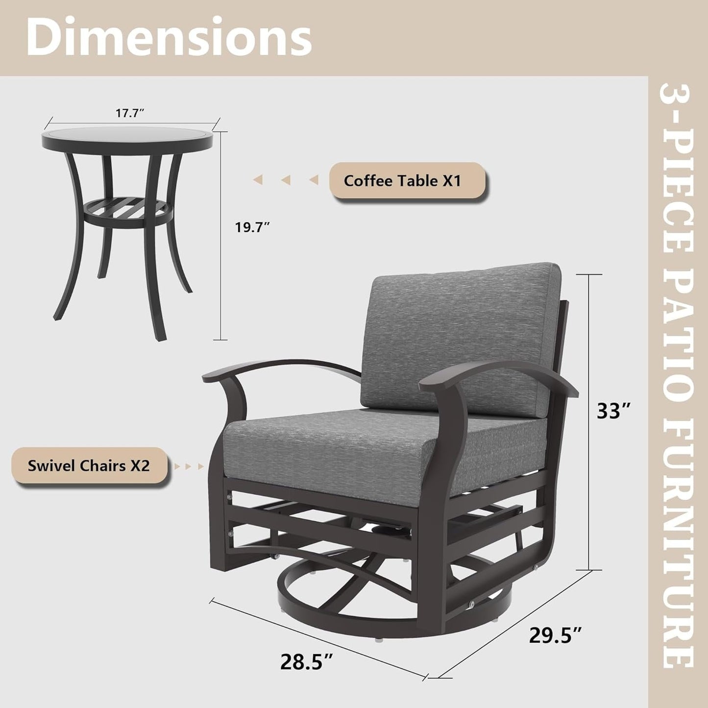 Ensemble de 3 chaises pivotantes à bascule en aluminium Kullavik avec plateau en verre et 5 coussins épais