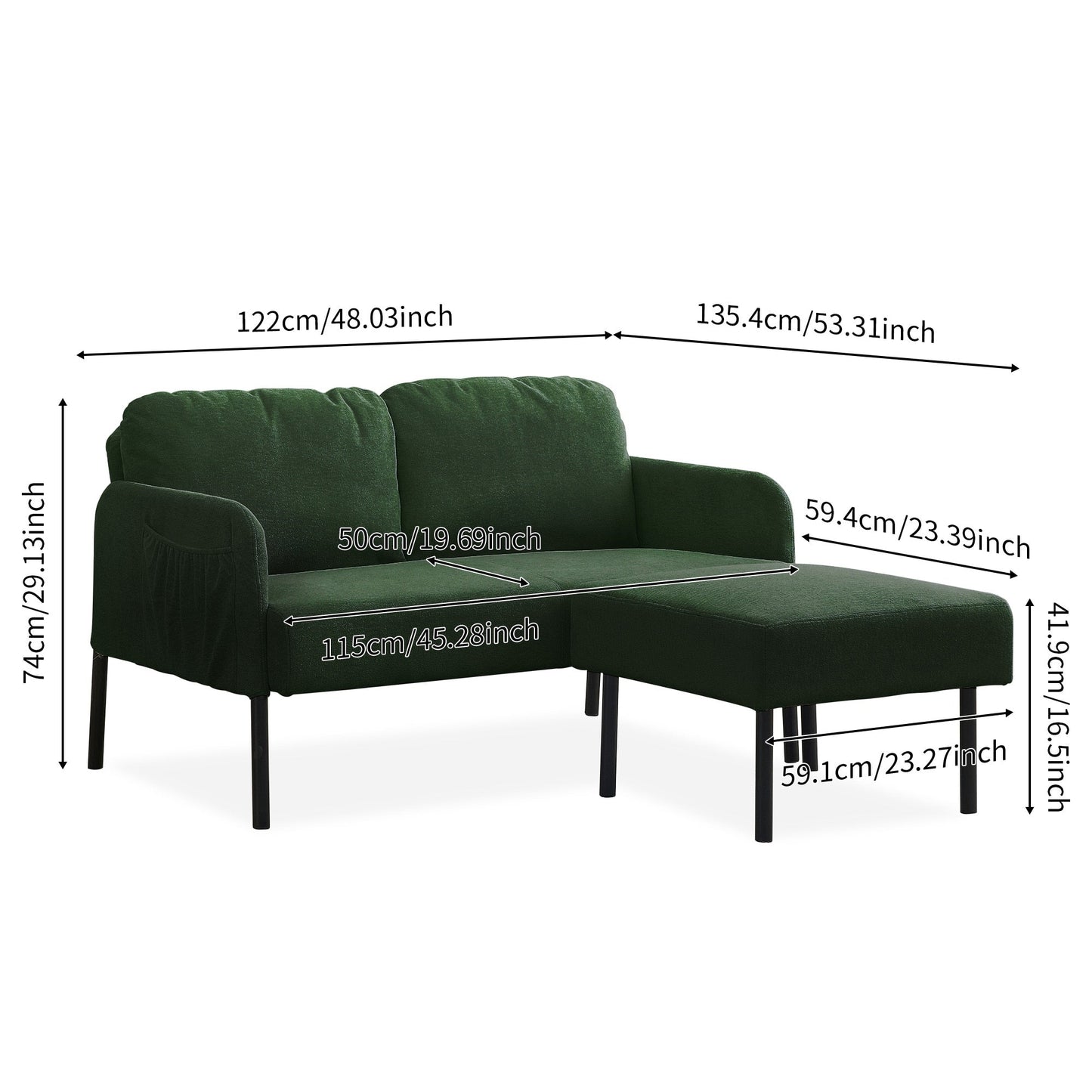 Canapé 2 places en L avec pouf, canapé causeuse moderne en tissu polyester, petit canapé confortable pour petit espace