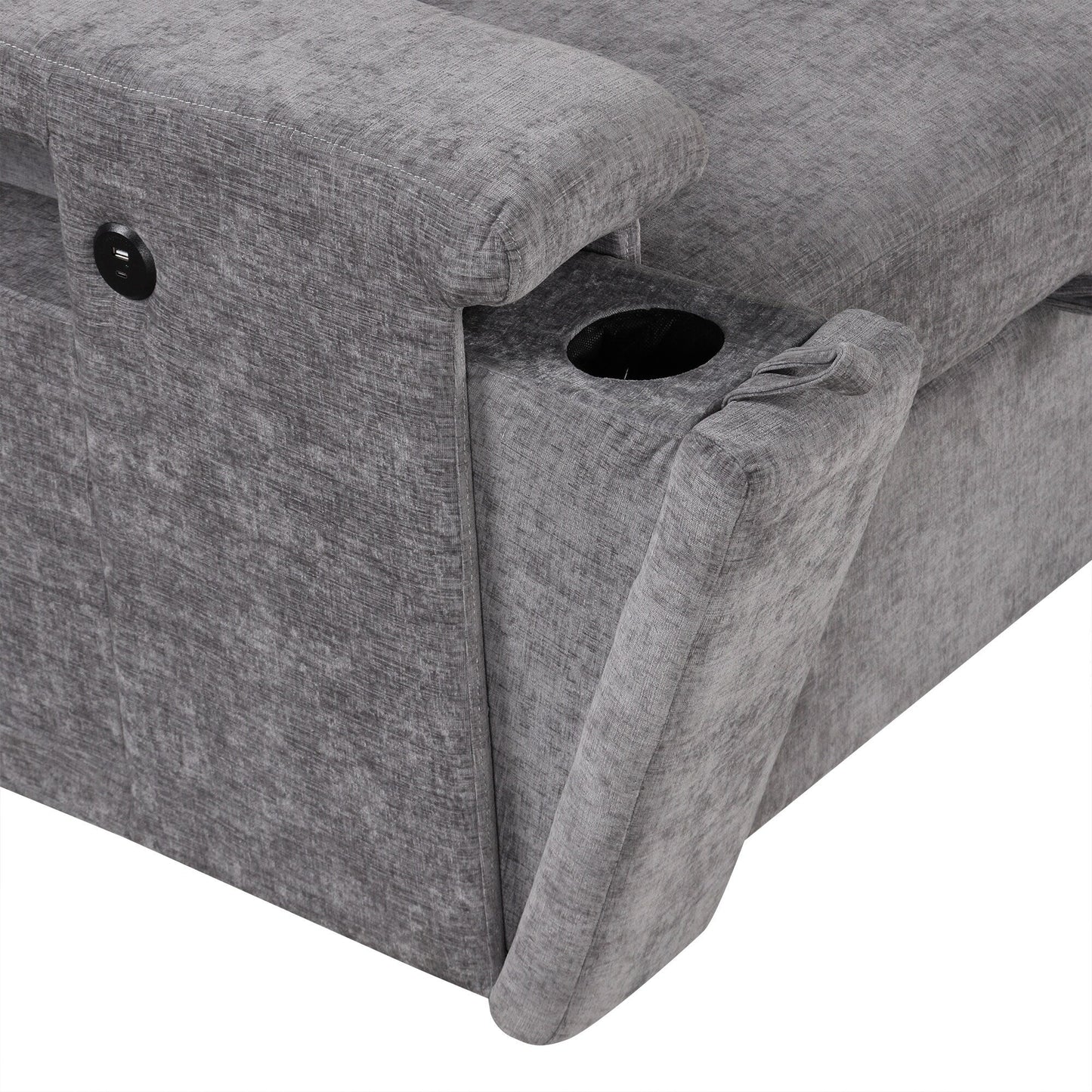 Canapé sectionnel 5 places en L avec pouf coulissant, porte-gobelets intégrés, port de chargement USB et coussins amovibles