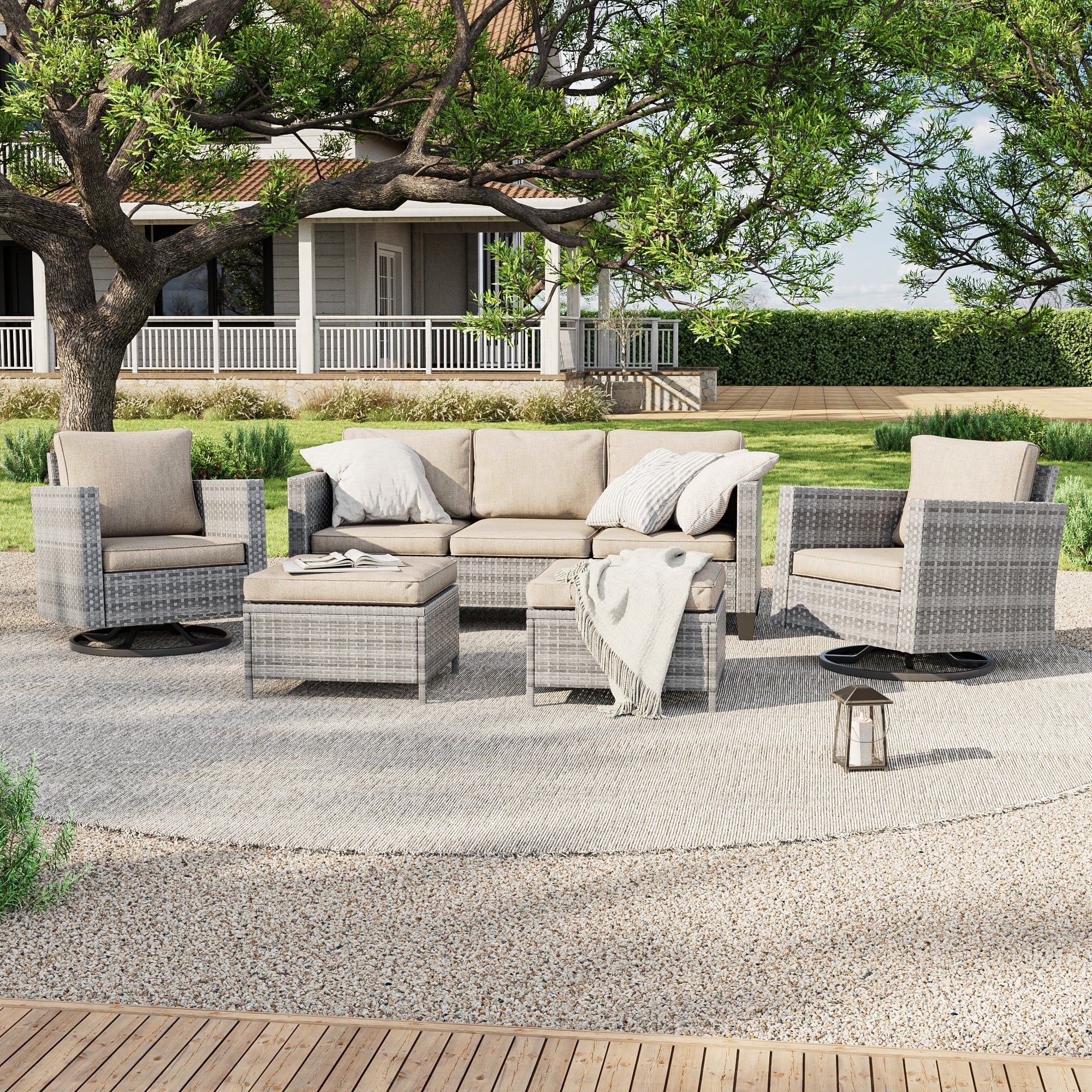 Ensemble de 5 canapés pivotants et à bascule en rotin marron pour patio LIVOOSUN