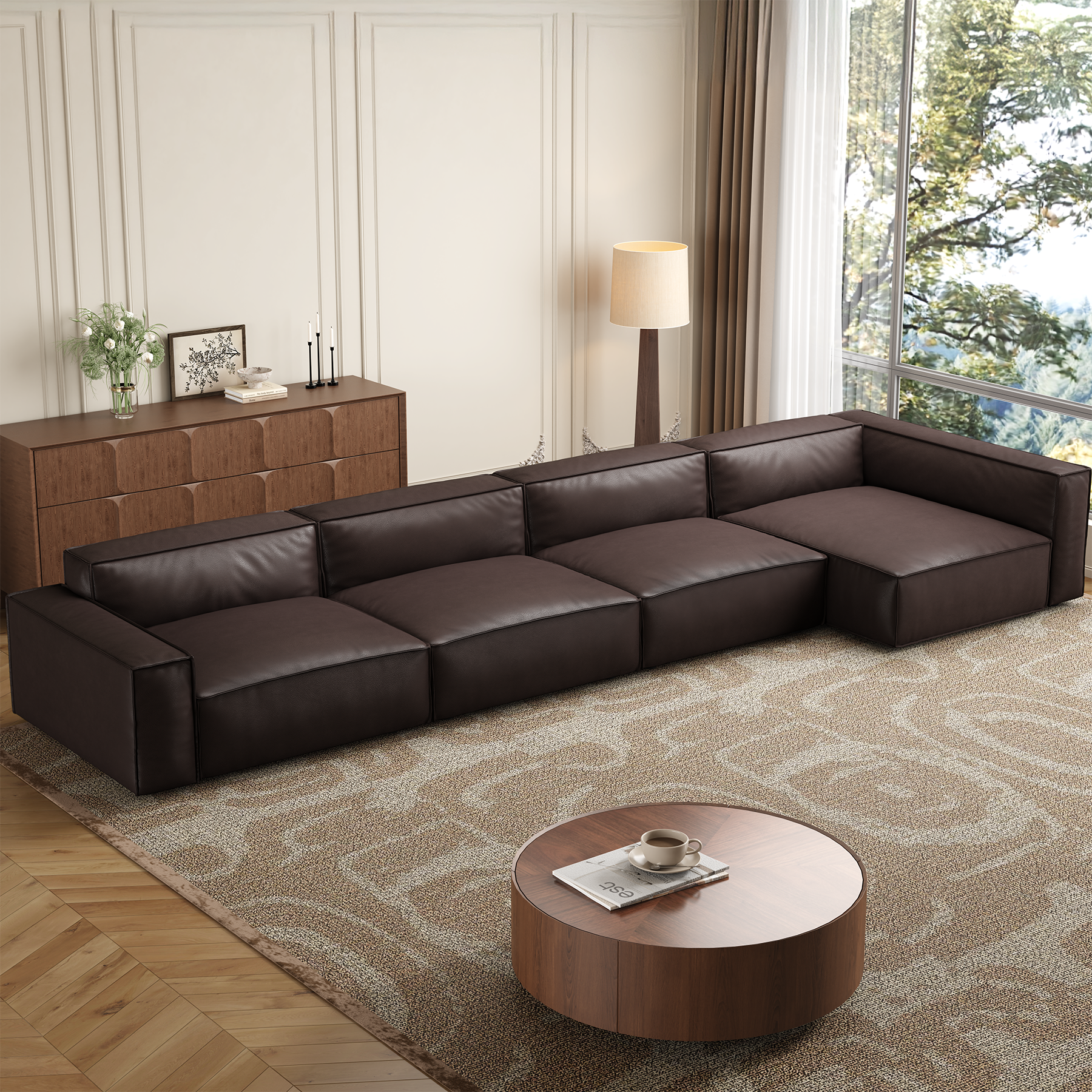 Canapé d'angle minimaliste de luxe en cuir marron foncé