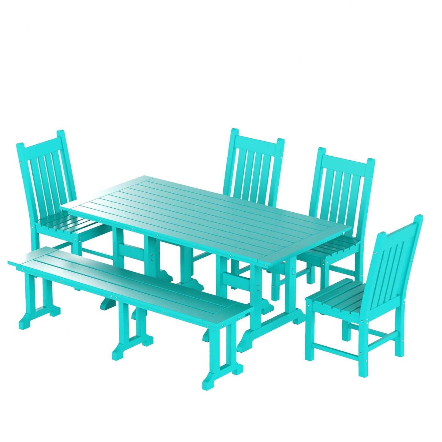 Ensemble de salle à manger d'extérieur Polytrends Laguna en PEHD, toutes saisons, avec table rectangulaire, chaises d'appoint et banc (ensemble de 6 pièces)