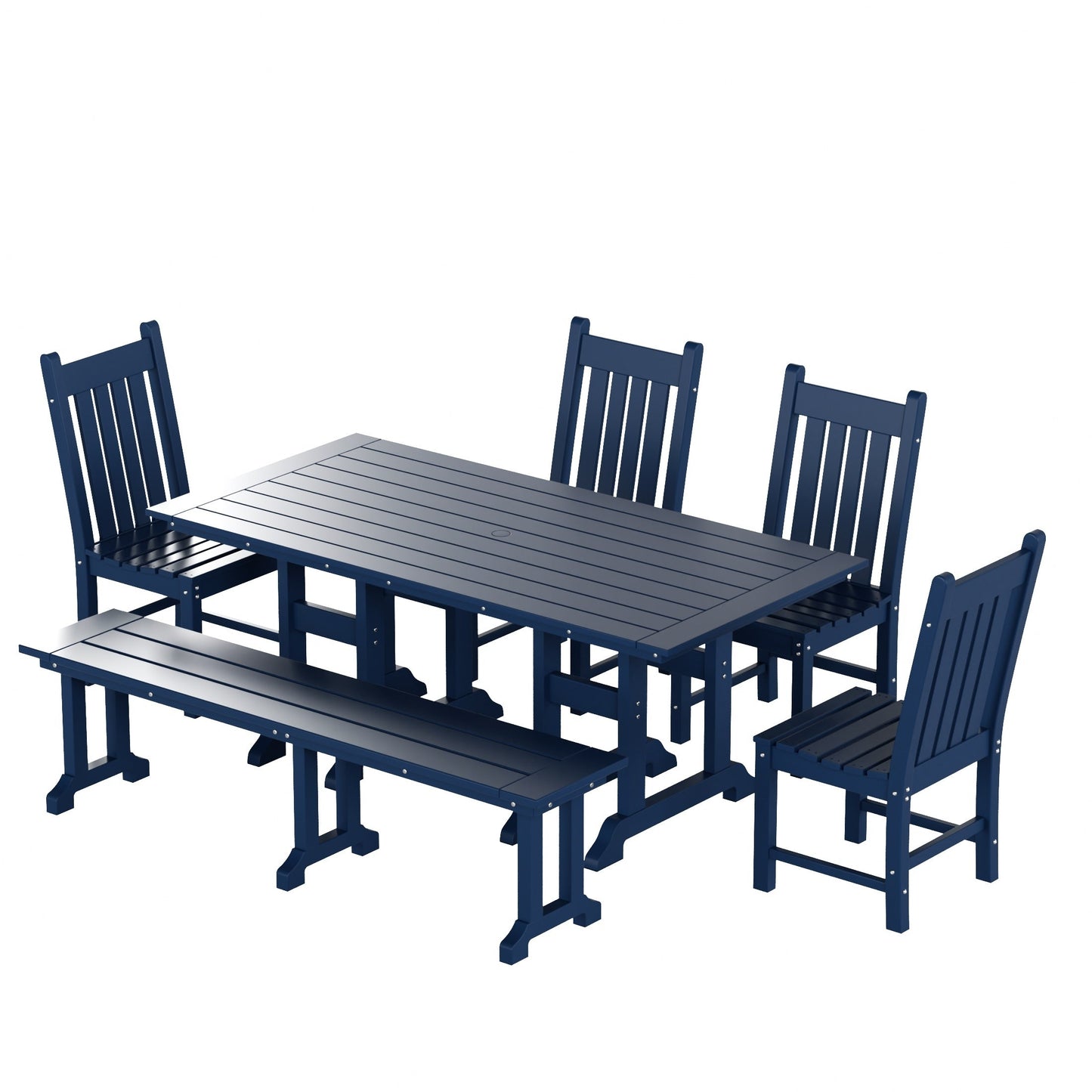 Ensemble de salle à manger d'extérieur Polytrends Laguna en PEHD, toutes saisons, avec table rectangulaire, chaises d'appoint et banc (ensemble de 6 pièces)