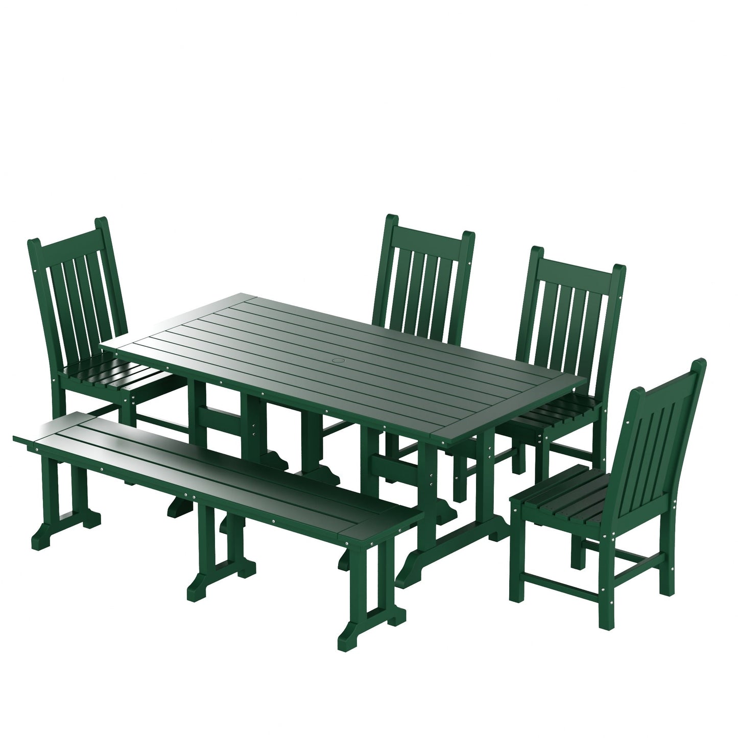 Ensemble de salle à manger d'extérieur Polytrends Laguna en PEHD, toutes saisons, avec table rectangulaire, chaises d'appoint et banc (ensemble de 6 pièces)