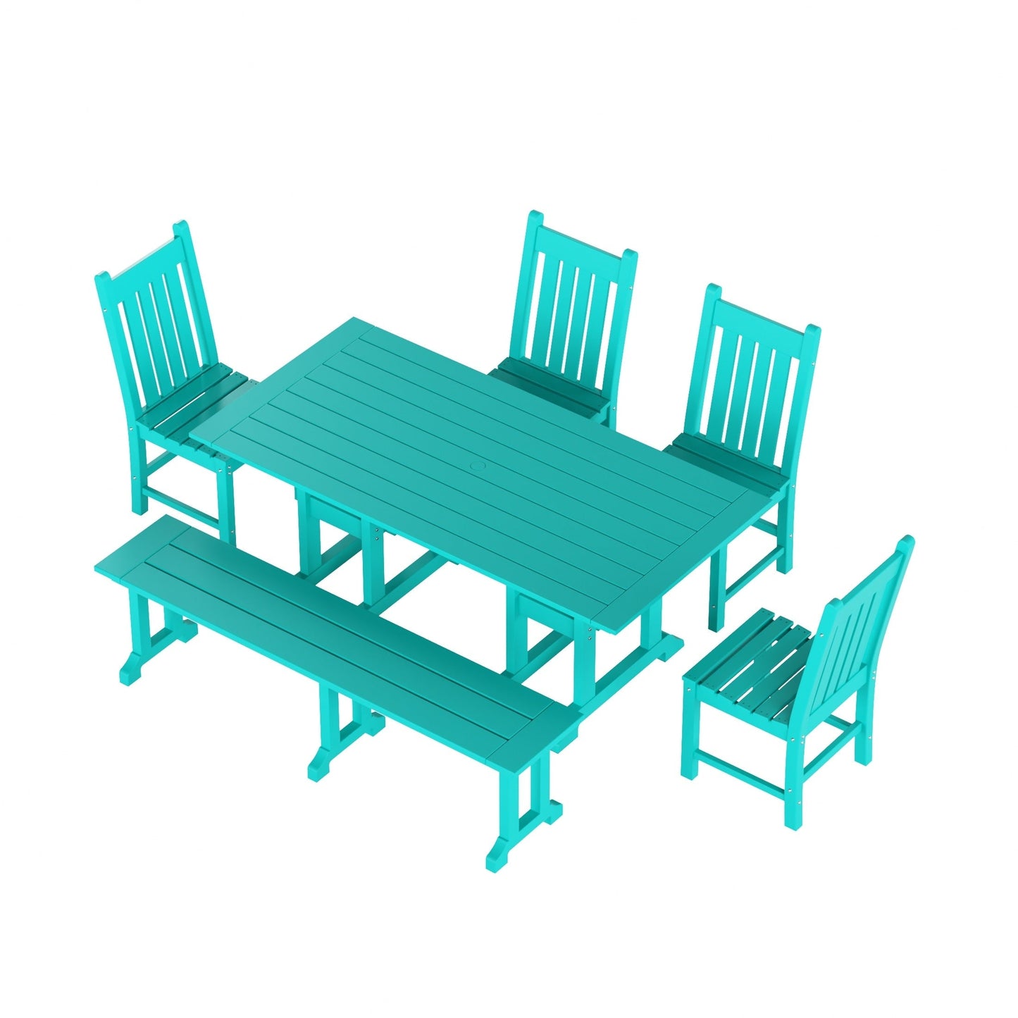 Ensemble de salle à manger d'extérieur Polytrends Laguna en PEHD, toutes saisons, avec table rectangulaire, chaises d'appoint et banc (ensemble de 6 pièces)