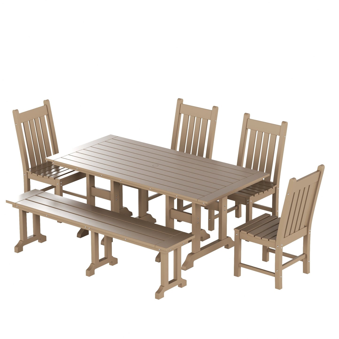Ensemble de salle à manger d'extérieur Polytrends Laguna en PEHD, toutes saisons, avec table rectangulaire, chaises d'appoint et banc (ensemble de 6 pièces)