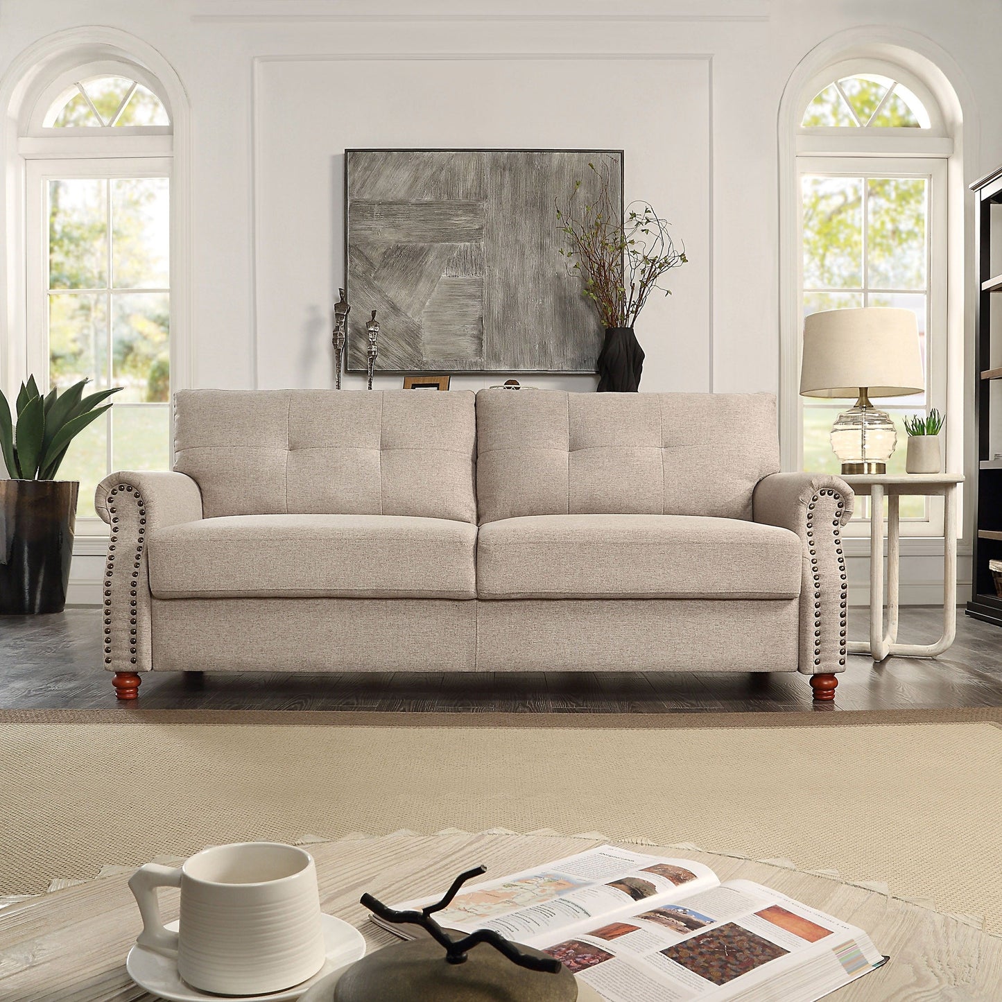 Canapé en lin beige avec rangement - 32,28 x 79,53 x 33,47