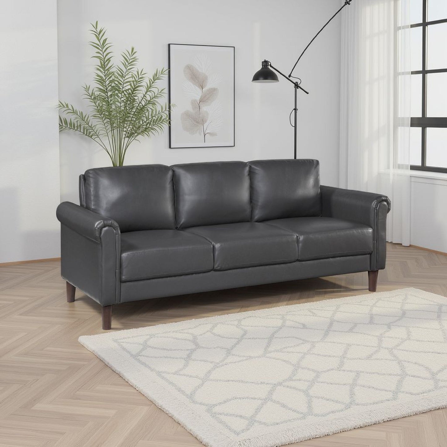 Canapé Lo avec accoudoirs roulés, similicuir gris foncé style milieu du siècle, 79 pouces