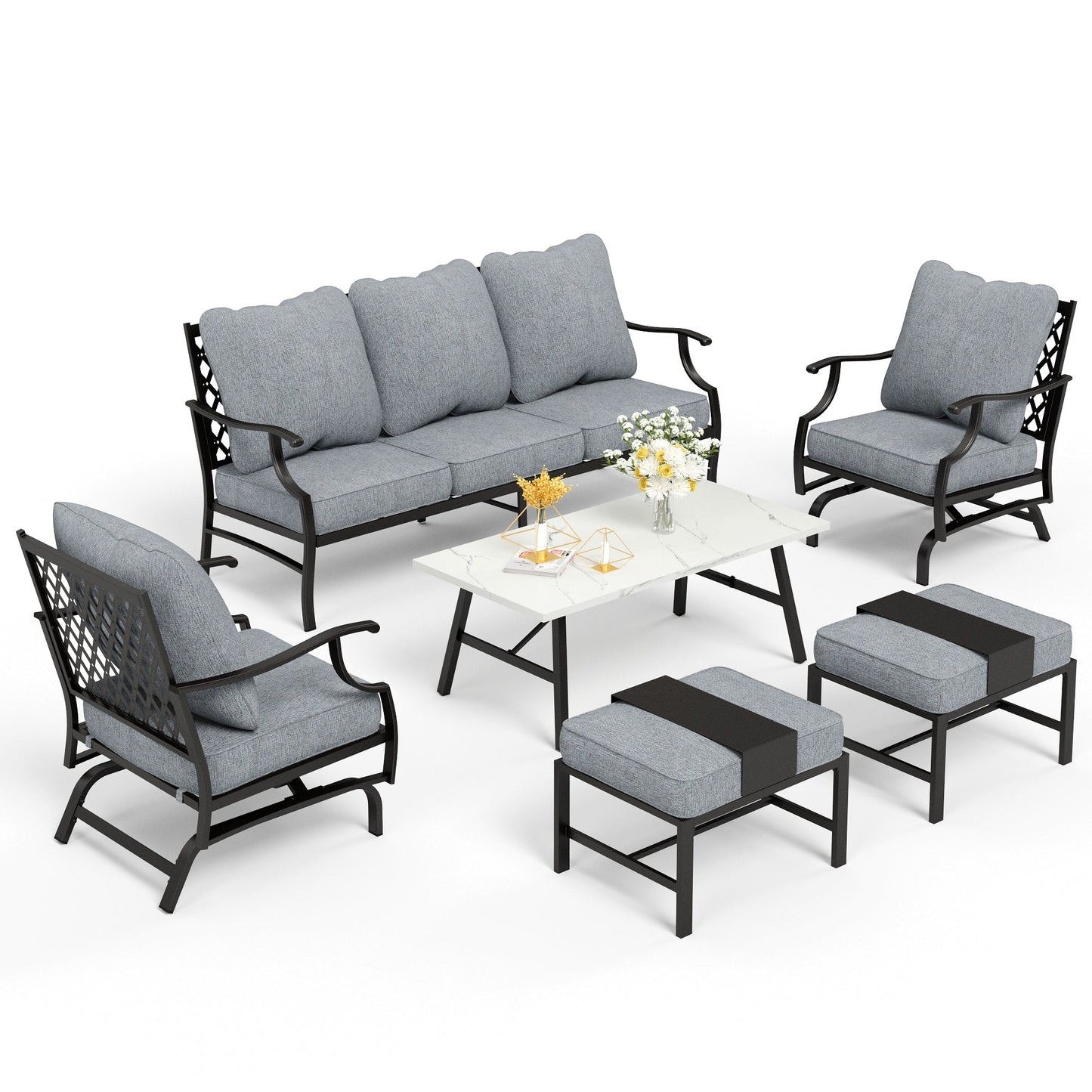 Ensemble de salon de jardin MAISON ARTS 6/7 pièces, canapé avec 2/4 chaises simples, 1 canapé 3 places et table basse/poufs