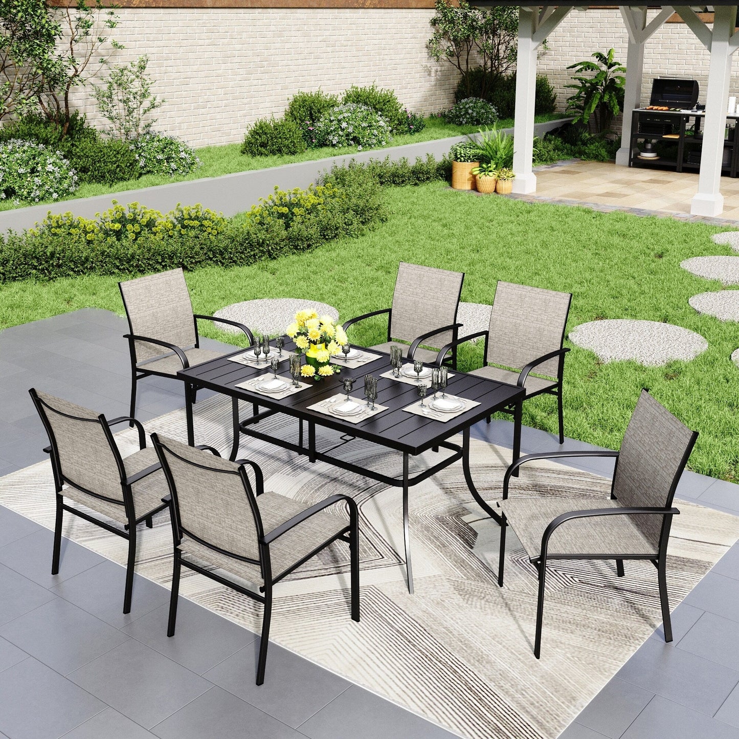 Ensemble de salle à manger de patio 7 pièces MAISON ARTS avec table rectangulaire en métal et 6 chaises en textilène
