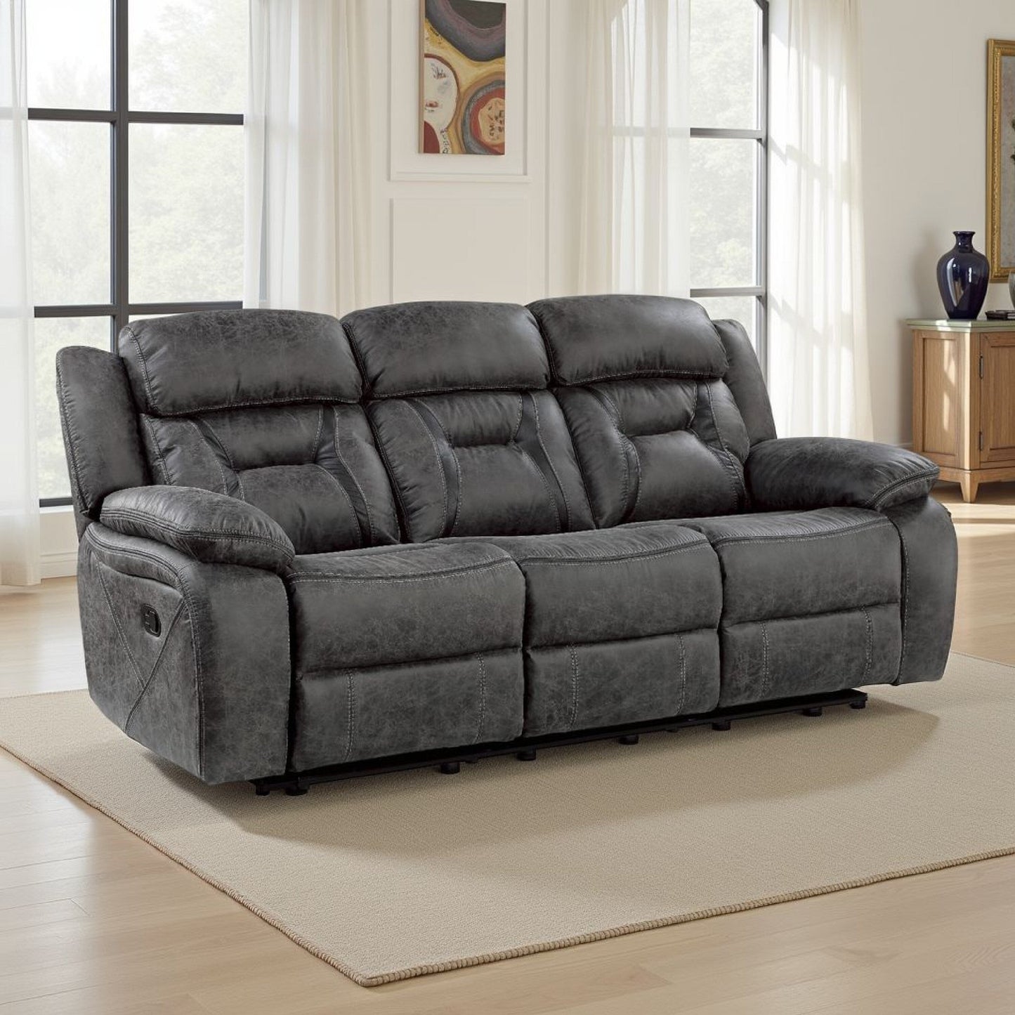 Canapé inclinable manuel Mady, capitonné, polyester gris foncé, 85 pouces