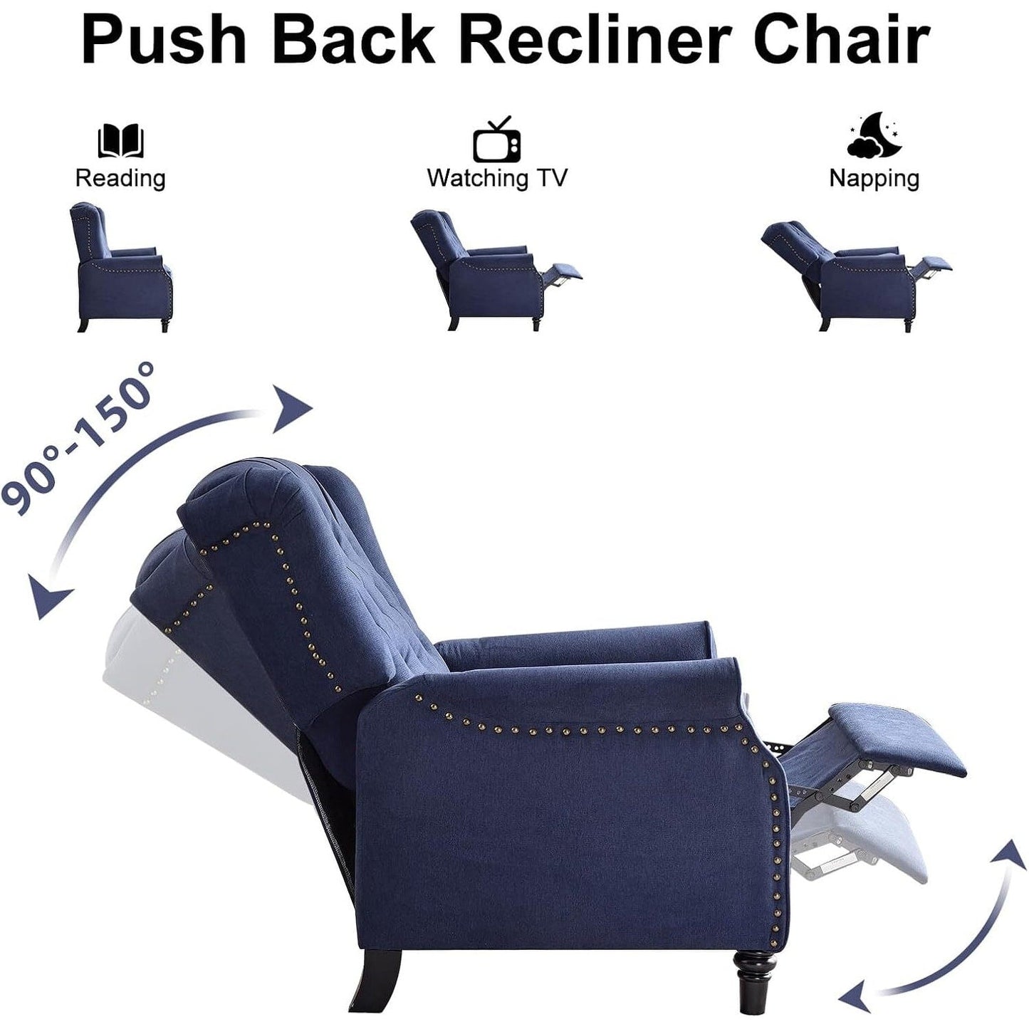 Fauteuil inclinable à dossier relevable, fauteuil en tissu avec décoration rivetée, fauteuil d'appoint simple