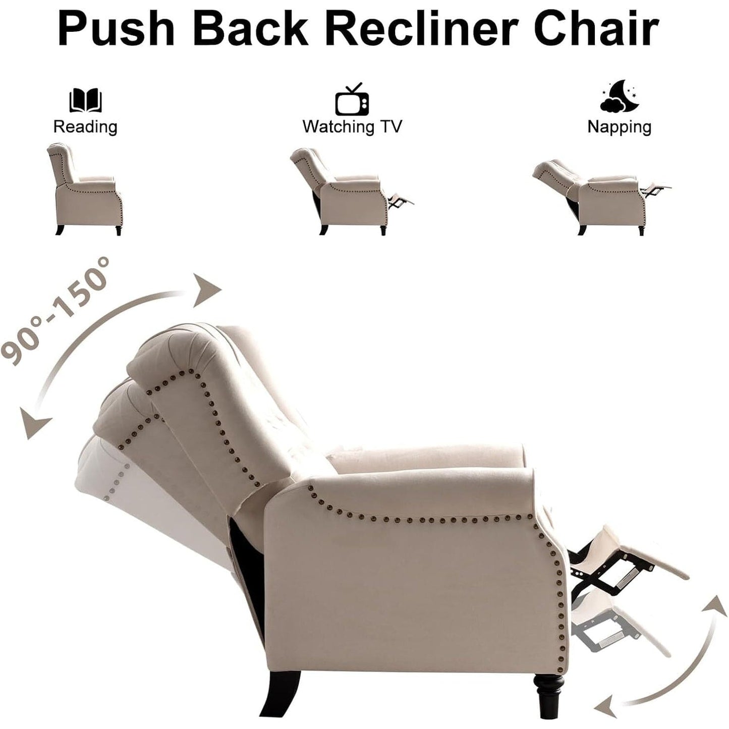 Fauteuil inclinable à dossier relevable, fauteuil en tissu avec décoration rivetée, fauteuil d'appoint simple