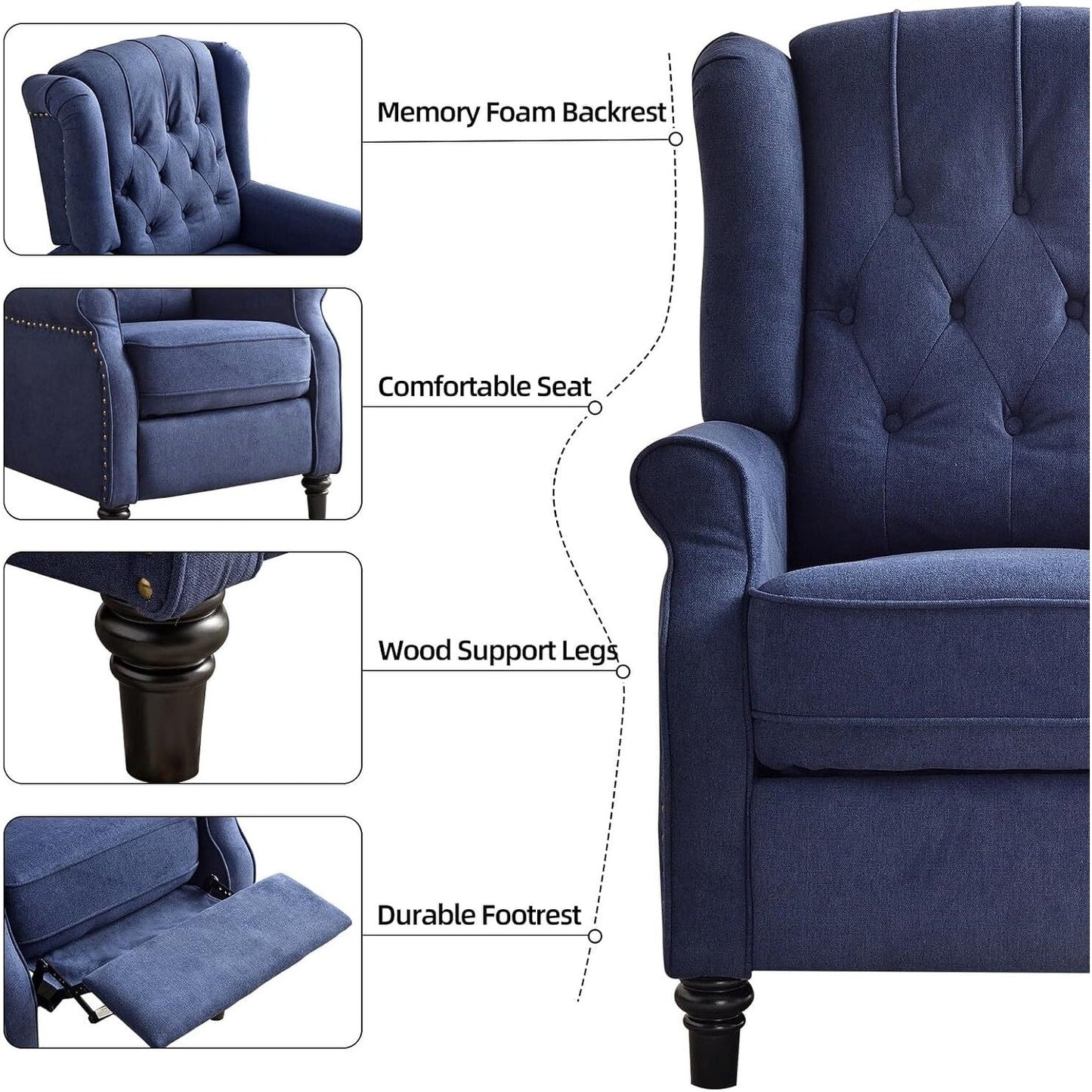 Fauteuil inclinable à dossier relevable, fauteuil en tissu avec décoration rivetée, fauteuil d'appoint simple