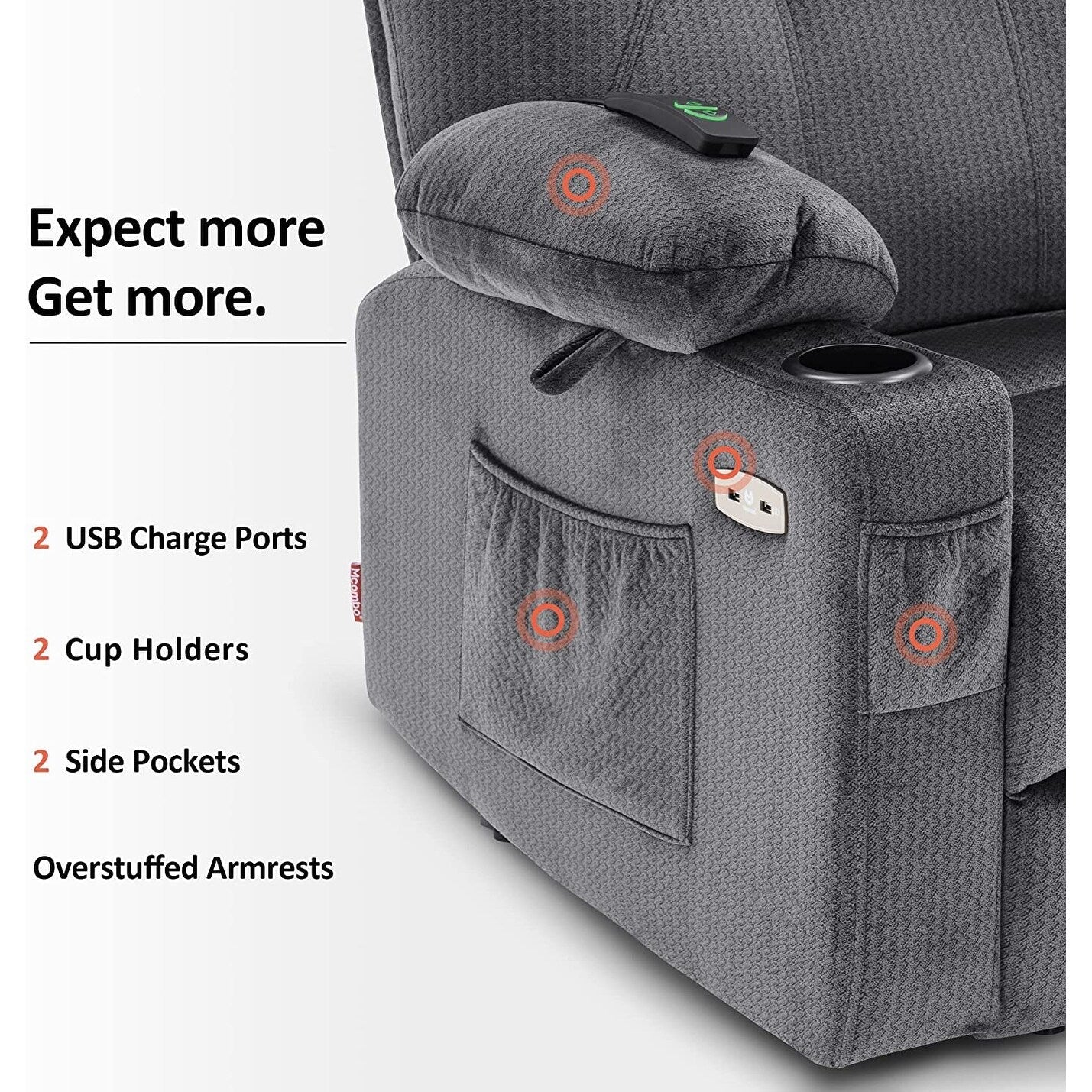 Fauteuil inclinable électrique MCombo avec massage et chauffage, 3 positions, ports USB, tissu 7040