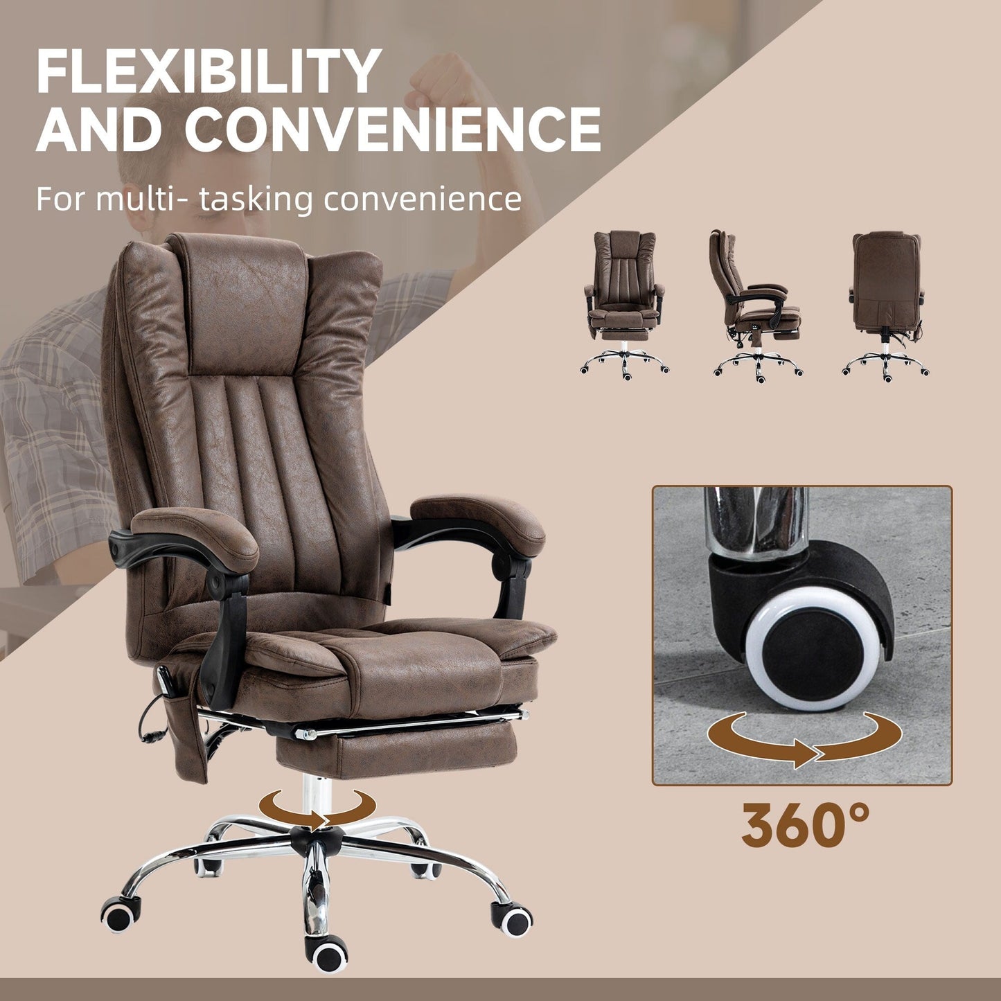 Fauteuil de bureau ergonomique inclinable à dossier haut, en microfibre, avec chauffage, repose-pieds et télécommande
