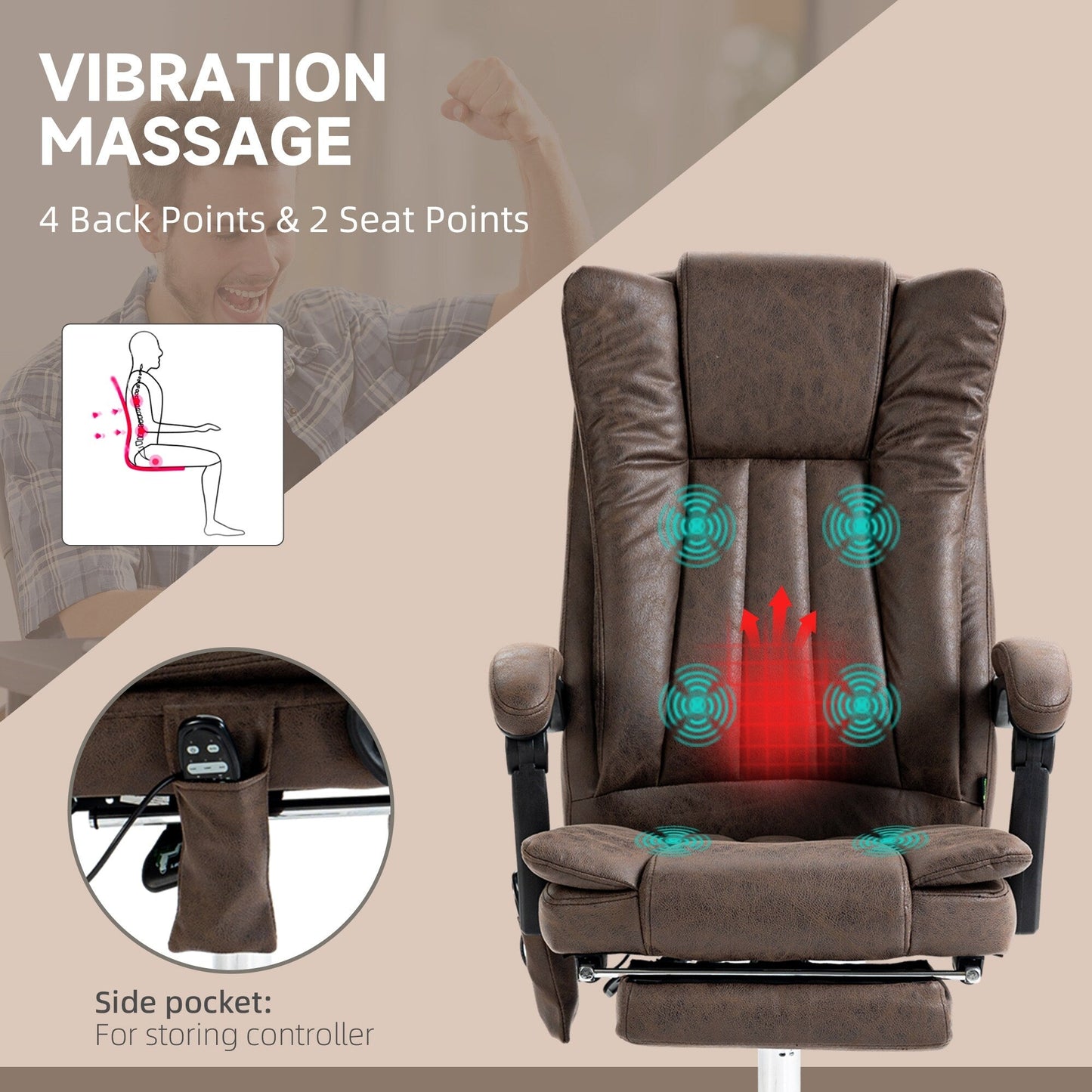 Fauteuil de bureau ergonomique inclinable à dossier haut, en microfibre, avec chauffage, repose-pieds et télécommande