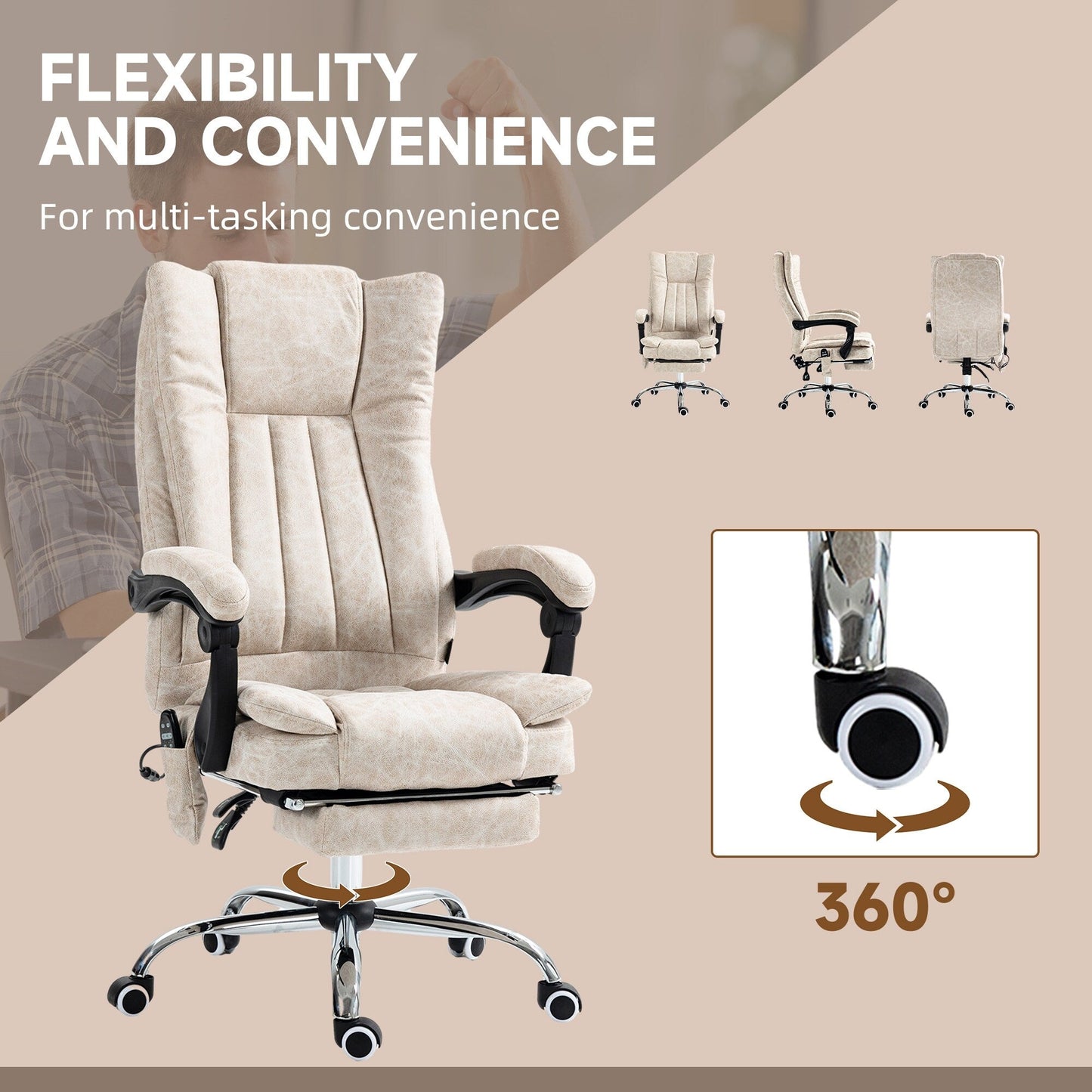 Fauteuil de bureau inclinable et massant pivotant à 360° en microfibre avec massage par vibration, chauffage, repose-pieds et hauteur réglable
