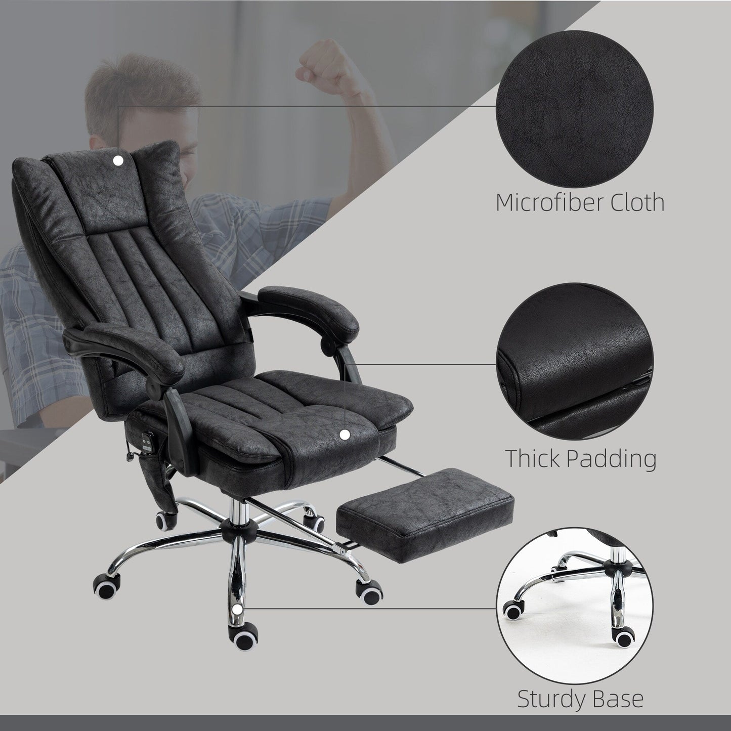 Fauteuil de bureau inclinable et massant pivotant à 360° en microfibre avec massage par vibration, chauffage, repose-pieds et hauteur réglable