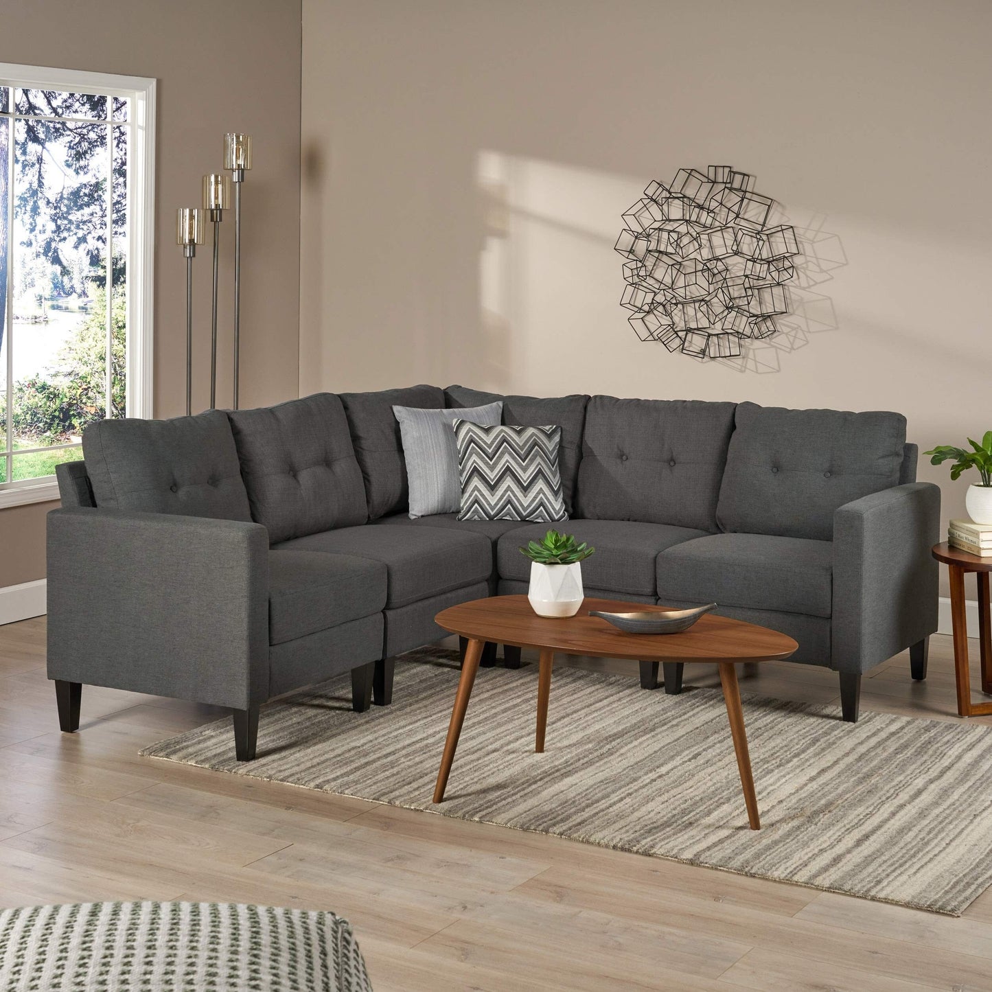 Canapé modulaire 5 pièces style milieu de siècle avec coussins capitonnés pour le salon