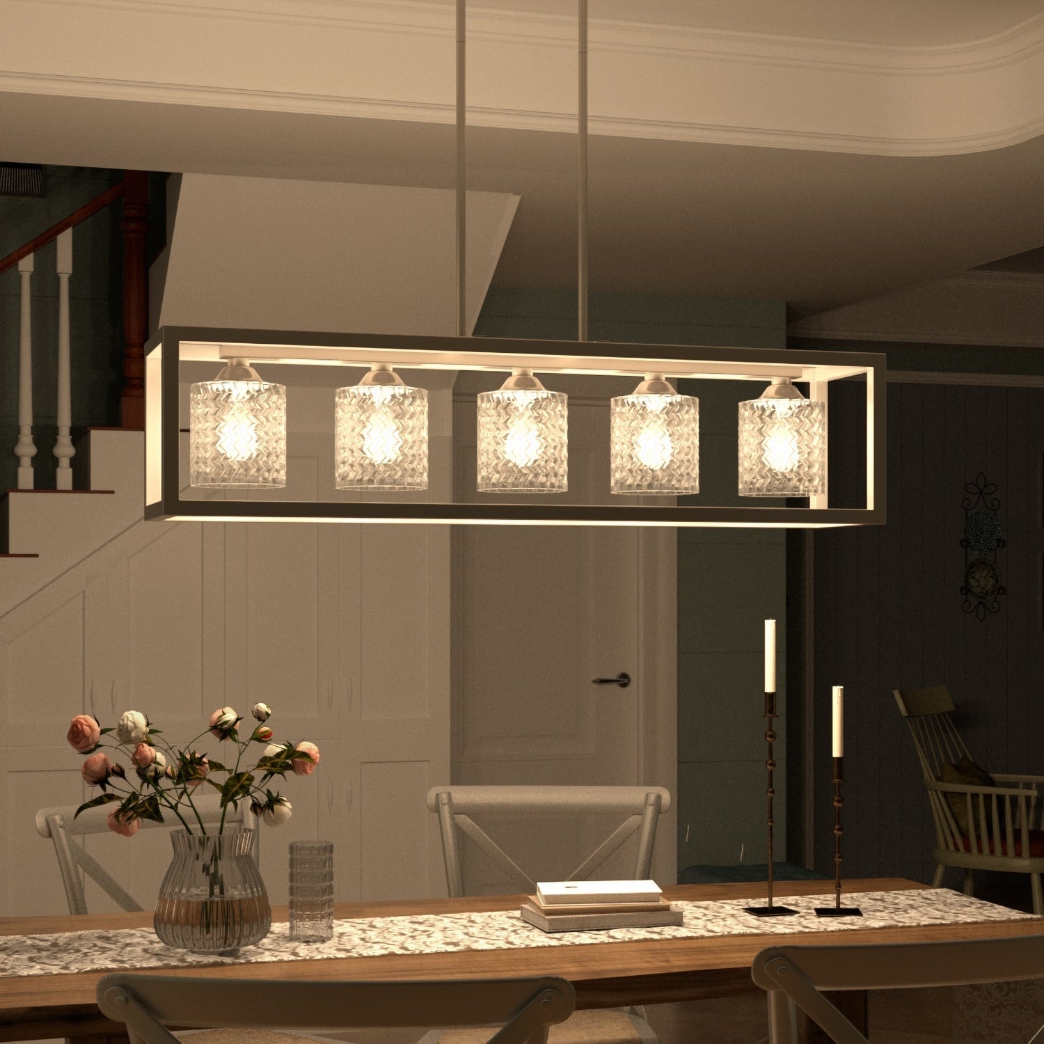 Lustre rectangulaire en cristal moderne de style milieu du siècle à 5 lumières de 37 pouces pour salle à manger - 37 pouces