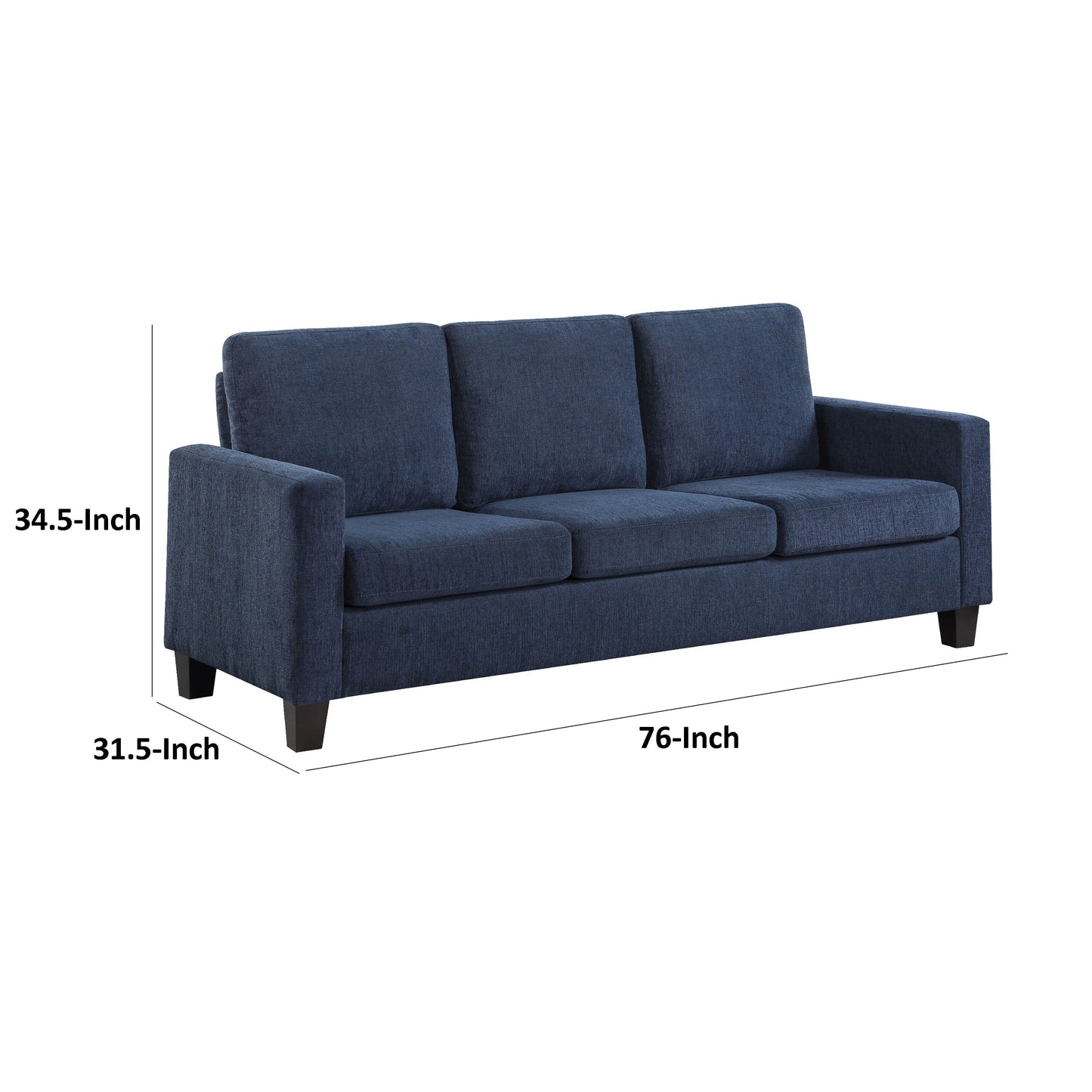 Canapé Mihi, chenille bleue, 193 cm, pieds fuselés en bois noir