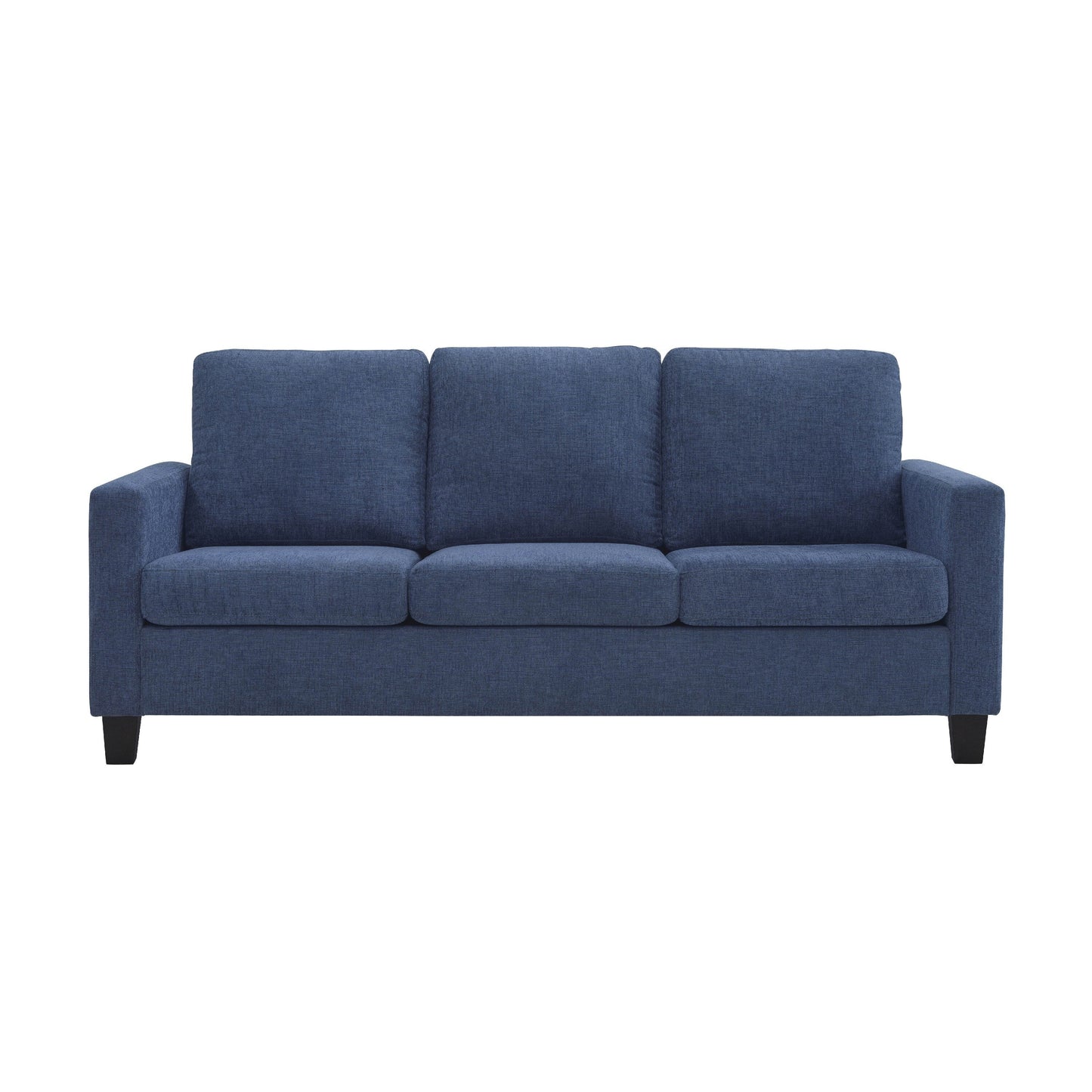Canapé Mihi, chenille bleue, 193 cm, pieds fuselés en bois noir