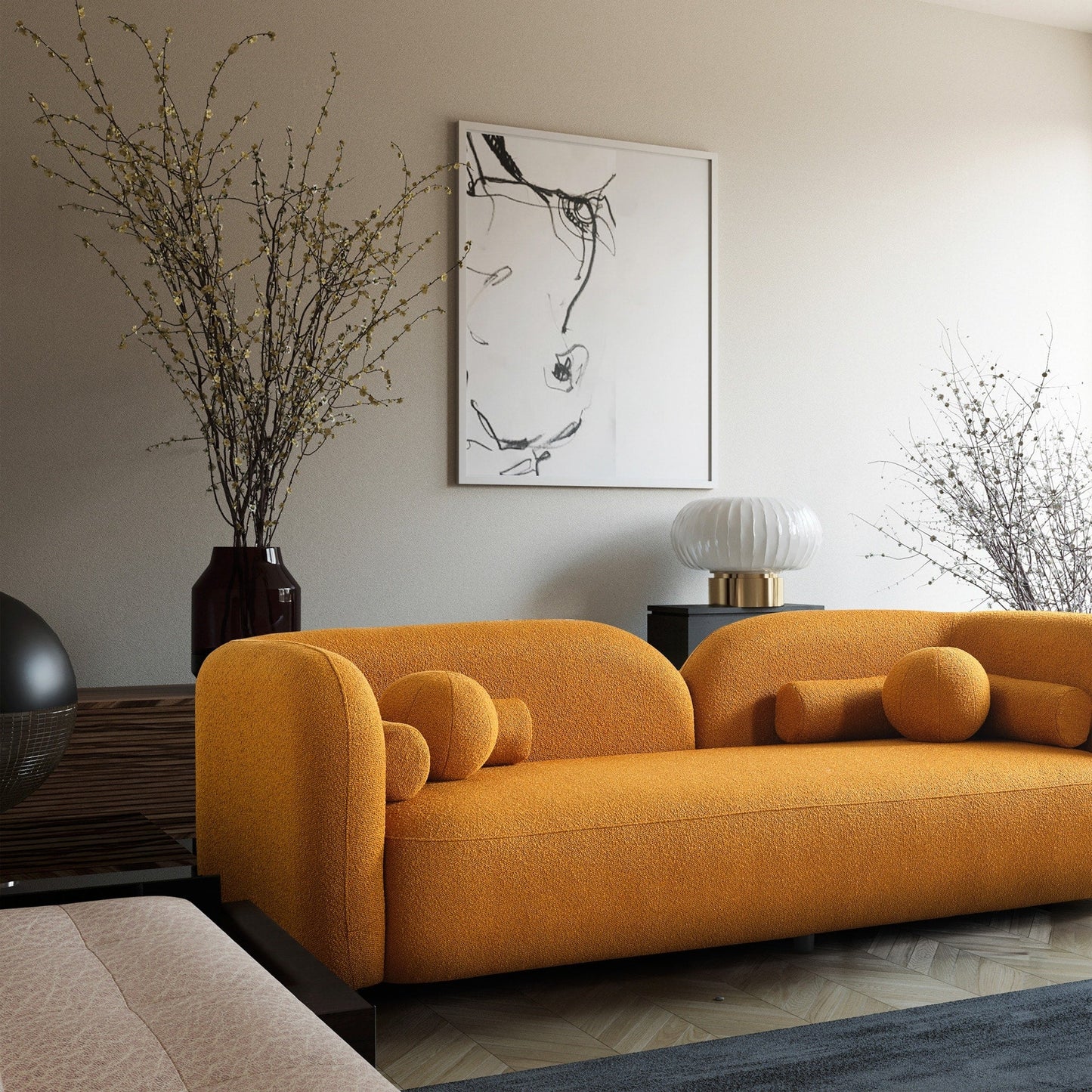 Canapé Milet de luxe moderne en tissu bouclé avec accoudoirs incurvés
