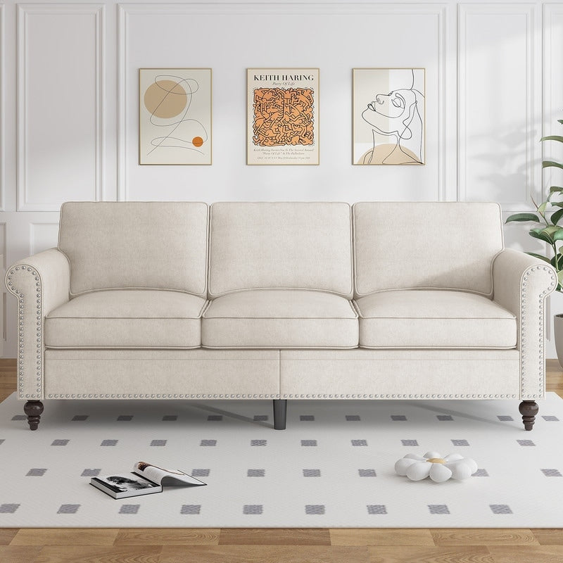 Canapé 3 places moderne Mixoy W76'' en lin doux avec motif riveté pour le salon