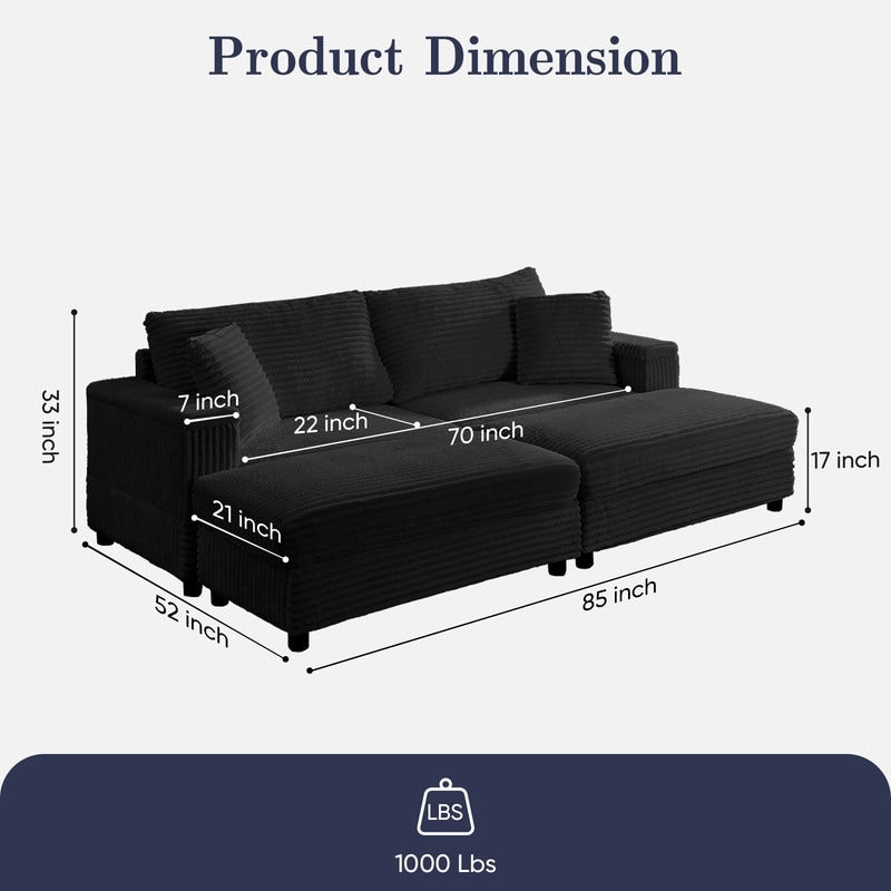 Chaise longue Mixoy 85'' en velours côtelé avec pouf de rangement et accoudoirs, fauteuil inclinable 2 places rembourré pour l'intérieur