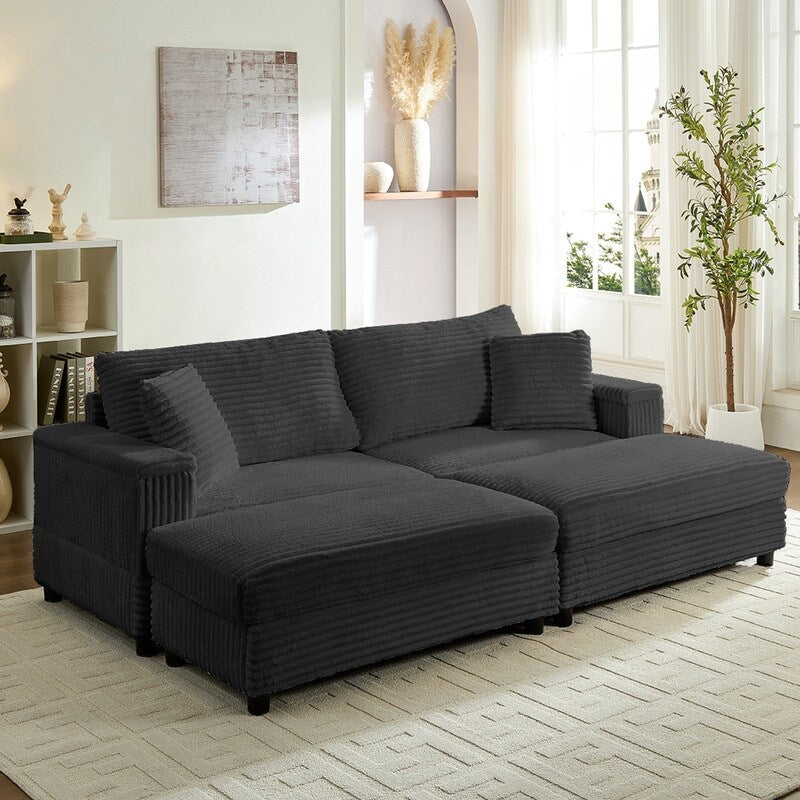 Chaise longue Mixoy 85'' en velours côtelé avec pouf de rangement et accoudoirs, fauteuil inclinable 2 places rembourré pour l'intérieur