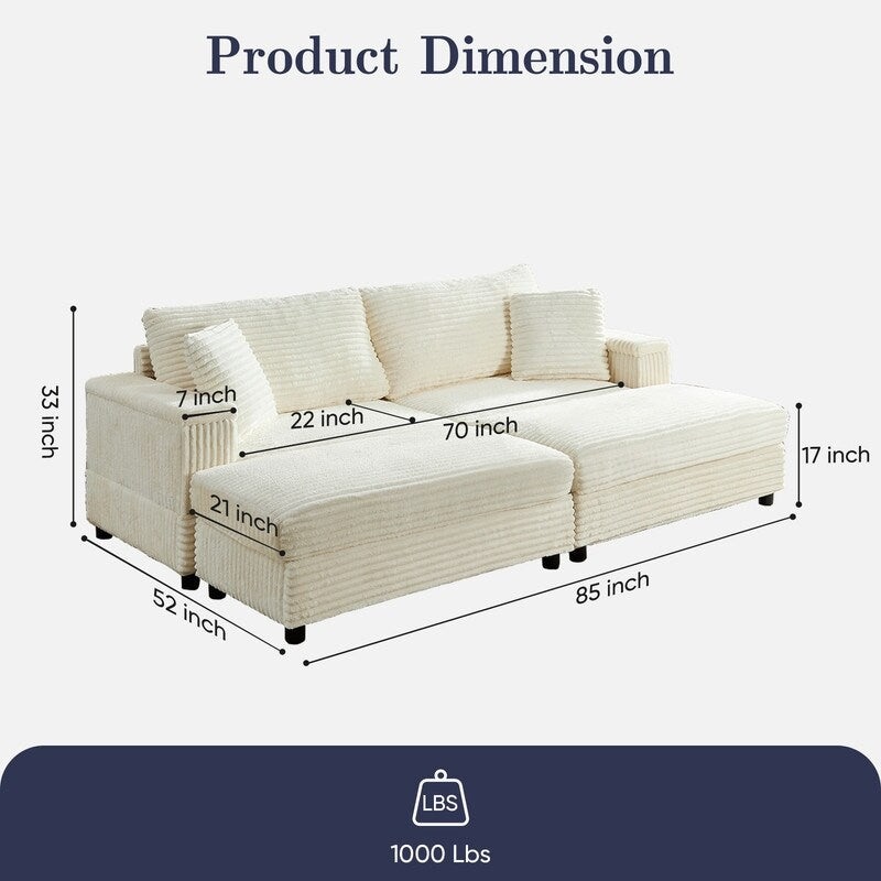 Chaise longue Mixoy 85'' en velours côtelé avec pouf de rangement et accoudoirs, fauteuil inclinable 2 places rembourré pour l'intérieur