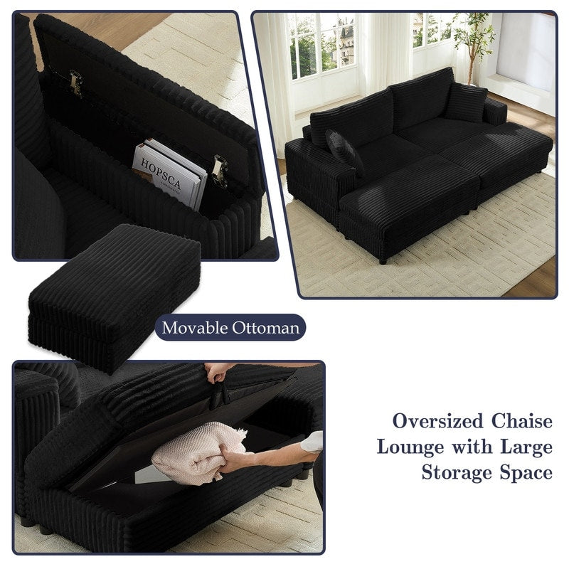 Chaise longue Mixoy 85'' en velours côtelé avec pouf de rangement et accoudoirs, fauteuil inclinable 2 places rembourré pour l'intérieur