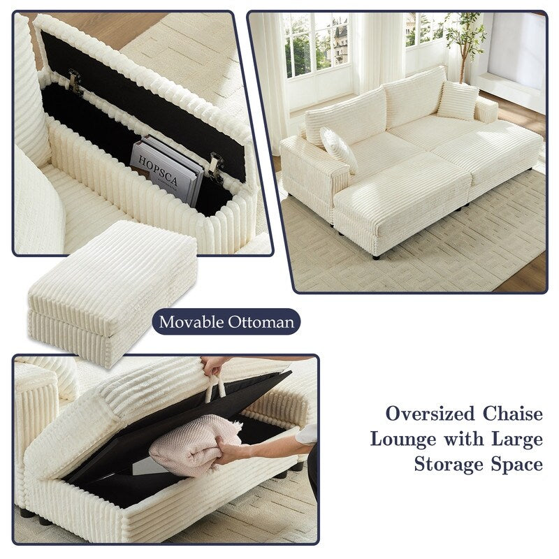 Chaise longue Mixoy 85'' en velours côtelé avec pouf de rangement et accoudoirs, fauteuil inclinable 2 places rembourré pour l'intérieur