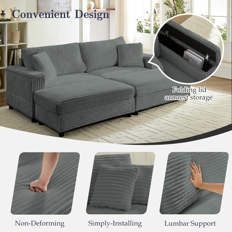 Chaise longue Mixoy 85'' en velours côtelé avec pouf de rangement et accoudoirs, fauteuil inclinable 2 places rembourré pour l'intérieur