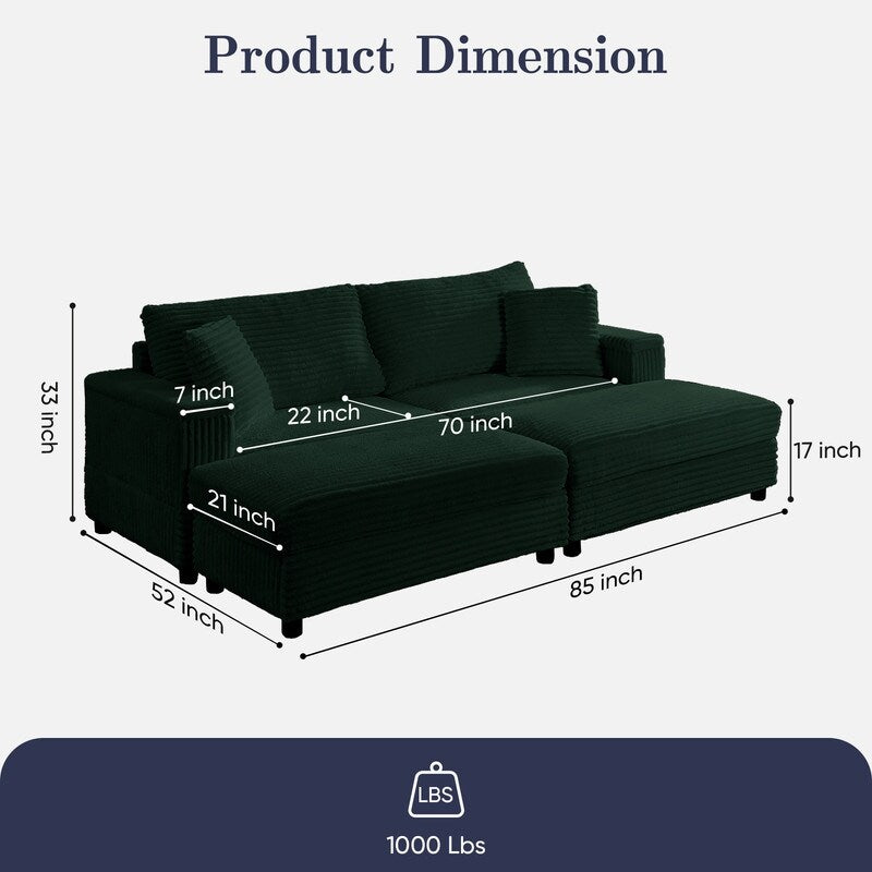 Chaise longue Mixoy 85'' en velours côtelé avec pouf de rangement et accoudoirs, fauteuil inclinable 2 places rembourré pour l'intérieur