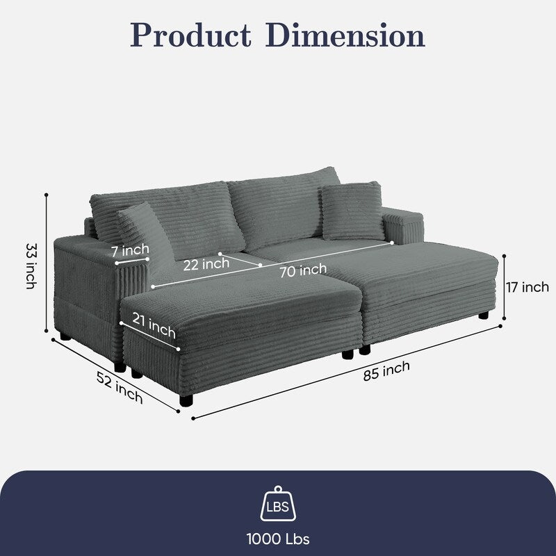 Chaise longue Mixoy 85'' en velours côtelé avec pouf de rangement et accoudoirs, fauteuil inclinable 2 places rembourré pour l'intérieur