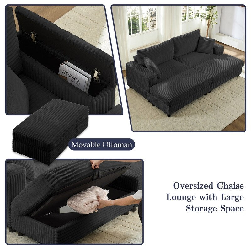 Chaise longue Mixoy 85'' en velours côtelé avec pouf de rangement et accoudoirs, fauteuil inclinable 2 places rembourré pour l'intérieur