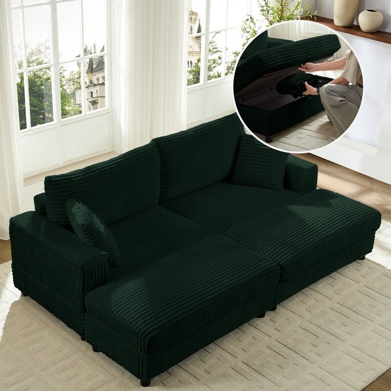 Chaise longue Mixoy 85'' en velours côtelé avec pouf de rangement et accoudoirs, fauteuil inclinable 2 places rembourré pour l'intérieur