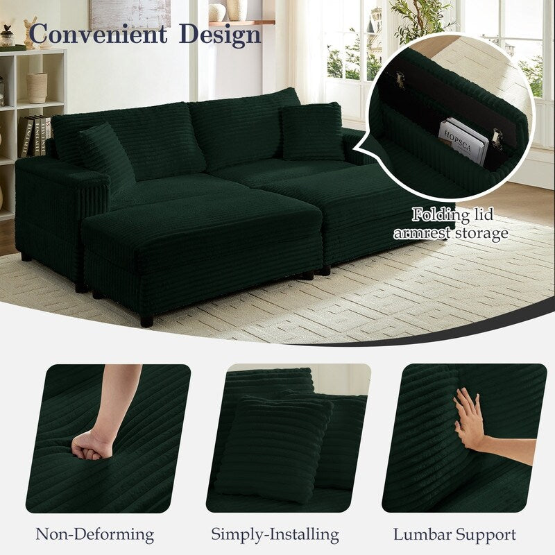Chaise longue Mixoy 85'' en velours côtelé avec pouf de rangement et accoudoirs, fauteuil inclinable 2 places rembourré pour l'intérieur