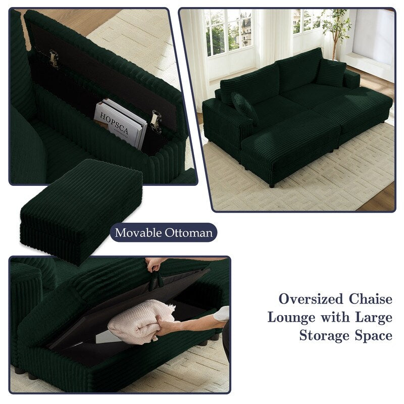 Chaise longue Mixoy 85'' en velours côtelé avec pouf de rangement et accoudoirs, fauteuil inclinable 2 places rembourré pour l'intérieur