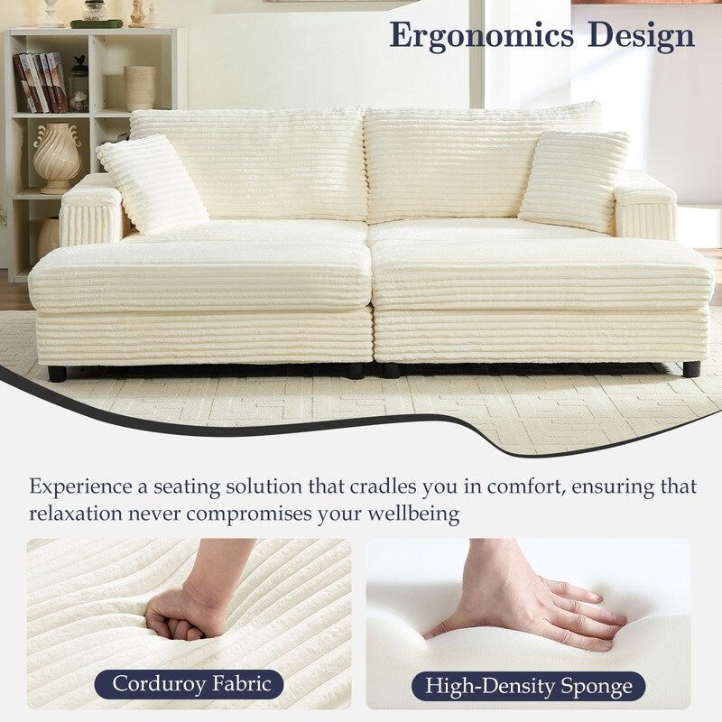 Chaise longue Mixoy 85'' en velours côtelé avec pouf de rangement et accoudoirs, fauteuil inclinable 2 places rembourré pour l'intérieur