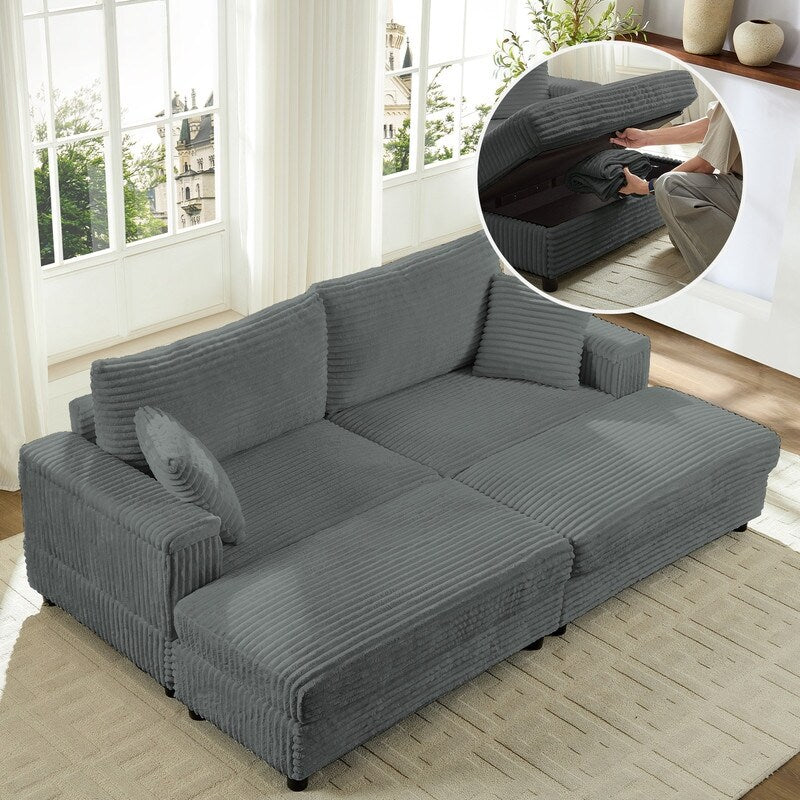 Chaise longue Mixoy 85'' en velours côtelé avec pouf de rangement et accoudoirs, fauteuil inclinable 2 places rembourré pour l'intérieur