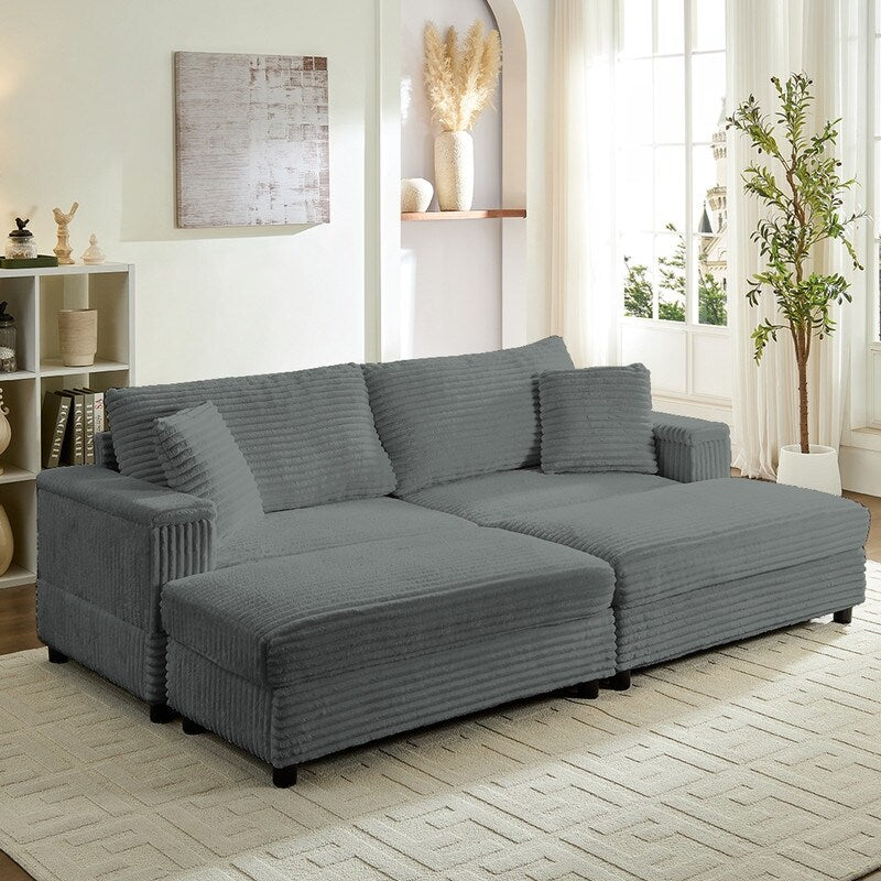 Chaise longue Mixoy 85'' en velours côtelé avec pouf de rangement et accoudoirs, fauteuil inclinable 2 places rembourré pour l'intérieur