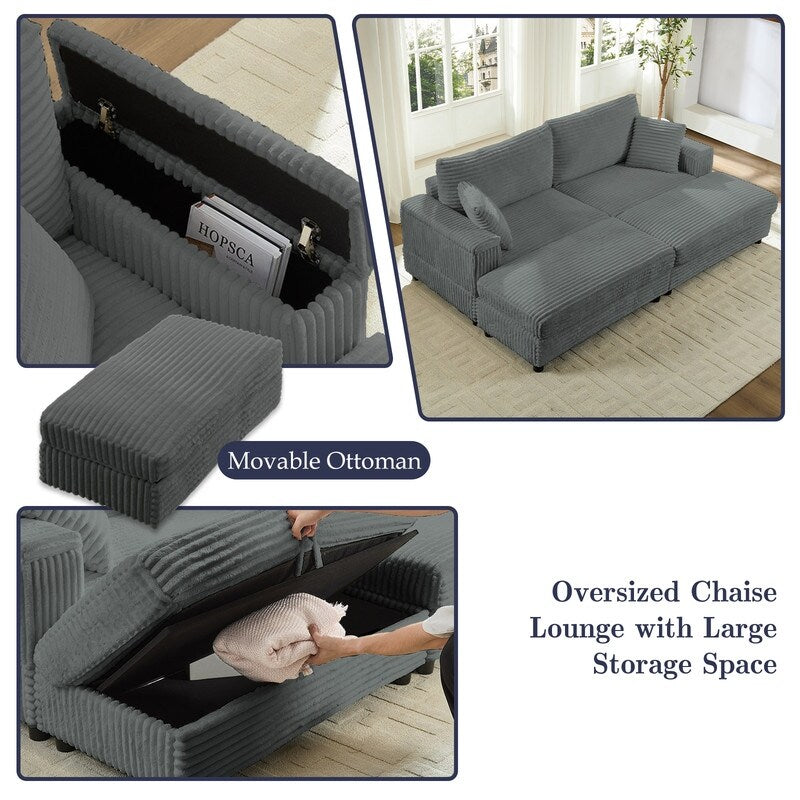 Chaise longue Mixoy 85'' en velours côtelé avec pouf de rangement et accoudoirs, fauteuil inclinable 2 places rembourré pour l'intérieur