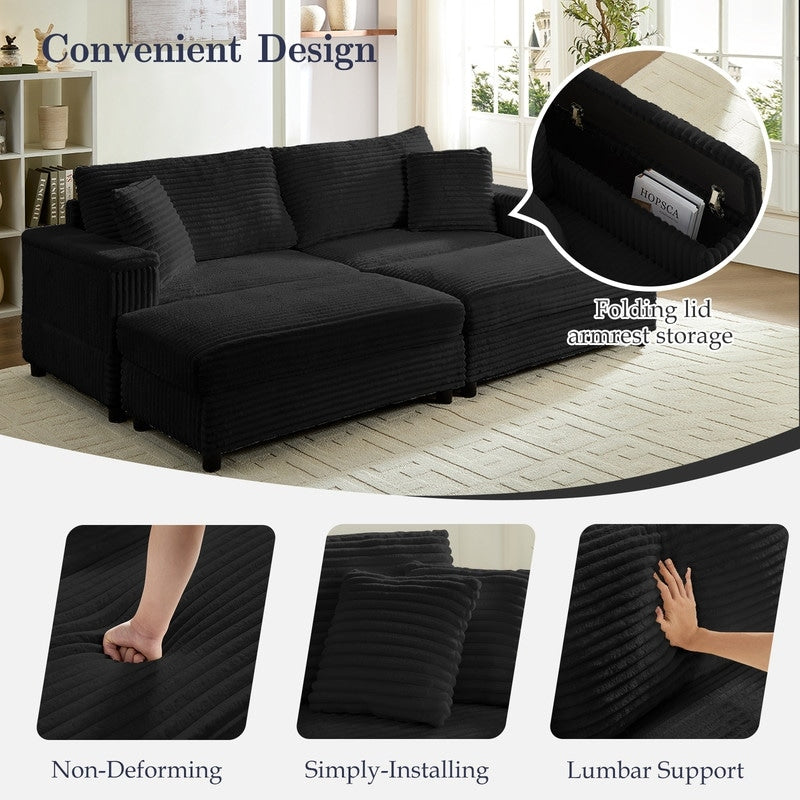 Chaise longue Mixoy 85'' en velours côtelé avec pouf de rangement et accoudoirs, fauteuil inclinable 2 places rembourré pour l'intérieur