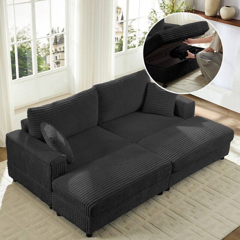 Chaise longue Mixoy 85'' en velours côtelé avec pouf de rangement et accoudoirs, fauteuil inclinable 2 places rembourré pour l'intérieur